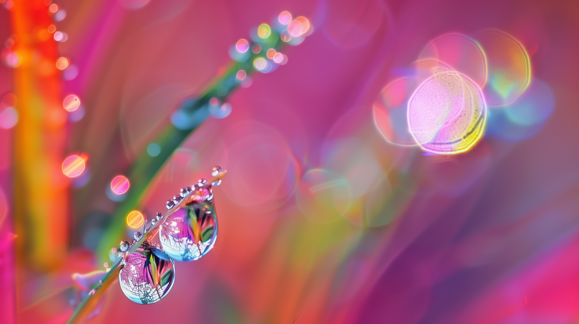 HD wallpaper of vibrant dew drops on a blade of grass with a colorful, bokeh background.