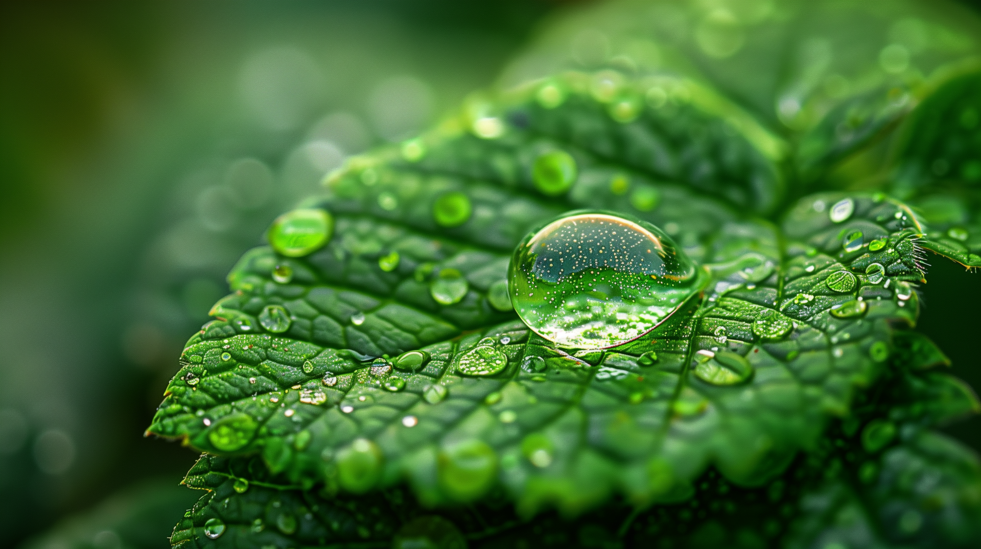 A close-up of a dew drop resting on a vibrant green leaf, showcasing intricate details and textures. This HD image serves as an appealing desktop wallpaper and background.