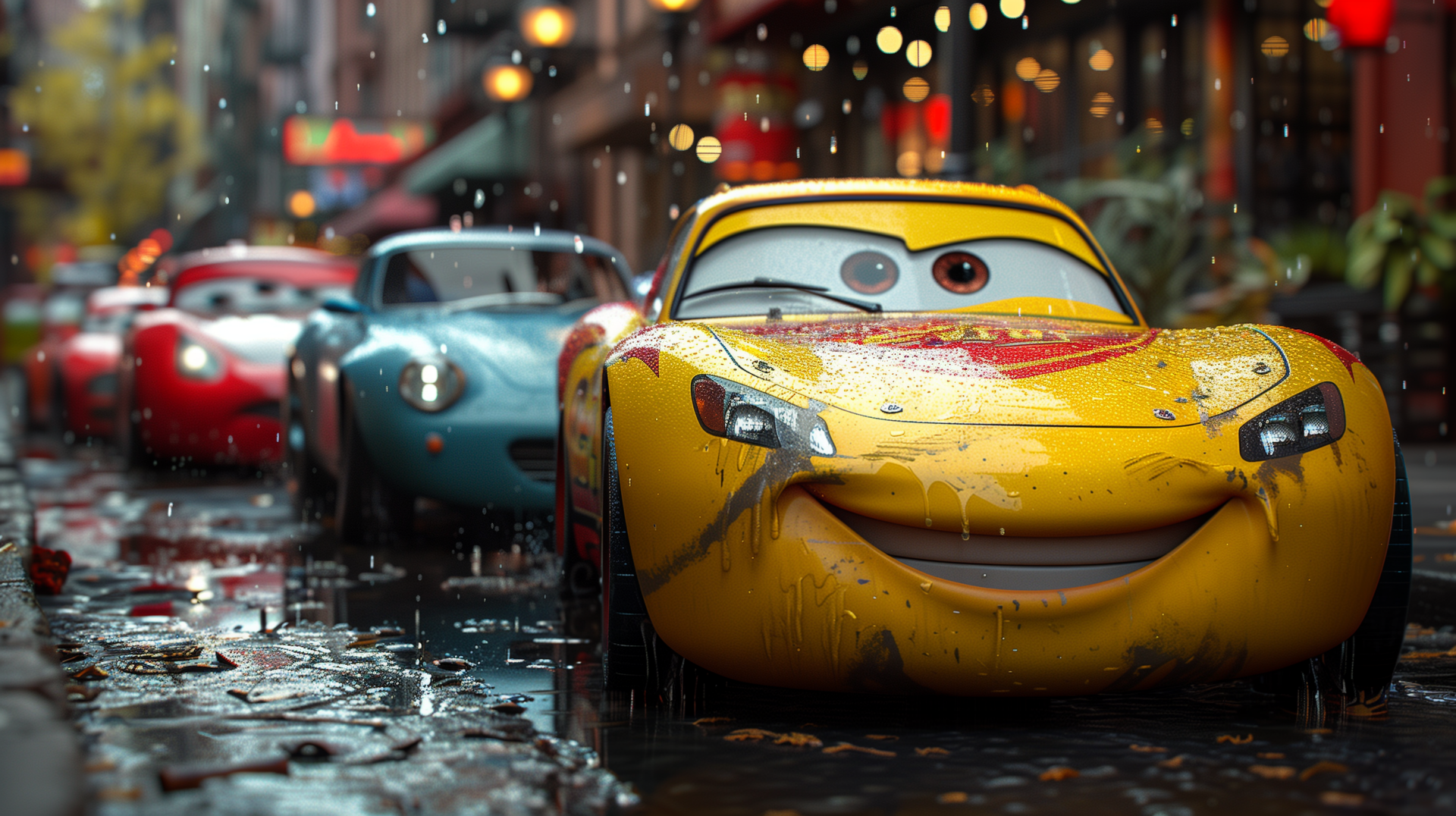 HD wallpaper featuring a smiling yellow animated car character on a rainy street with other colorful cars in the background.