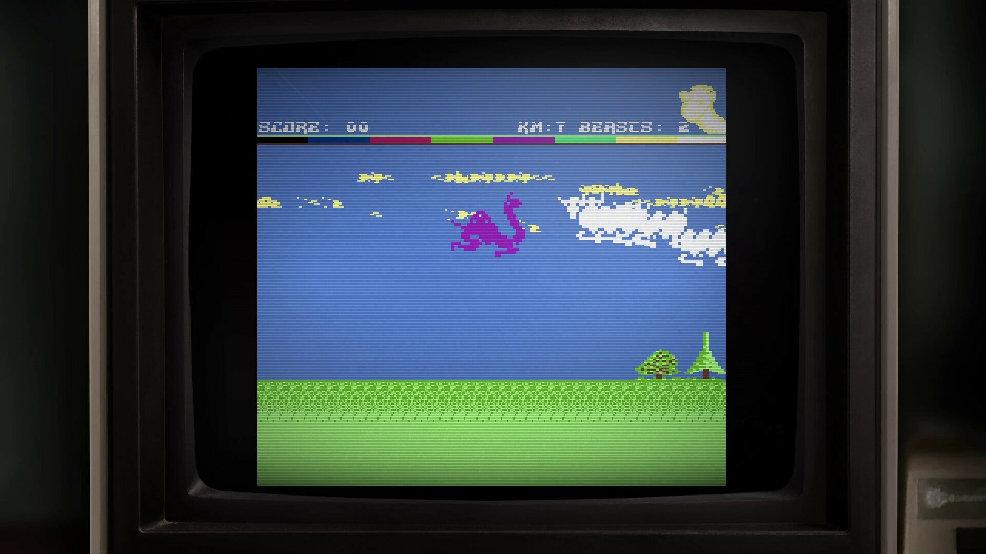 HD wallpaper featuring a vintage video game from The Jeff Minter Story displayed on an old-style monitor.