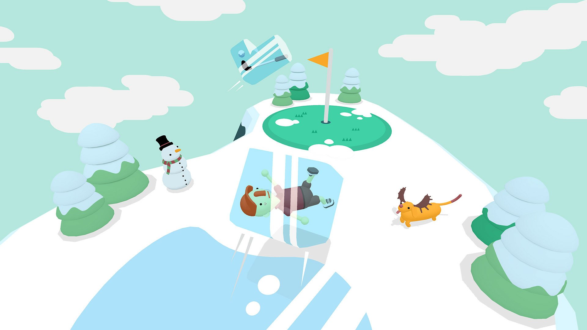A colorful HD wallpaper from the video game What the Golf? featuring whimsical characters, snowmen, and a fun mini-golf scene set against a bright sky.