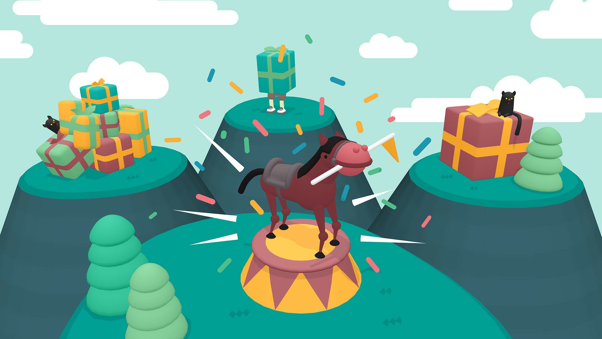 HD desktop wallpaper featuring a whimsical scene from the video game 'What the Golf?' with a horse on a platform and cartoonish hilltops.
