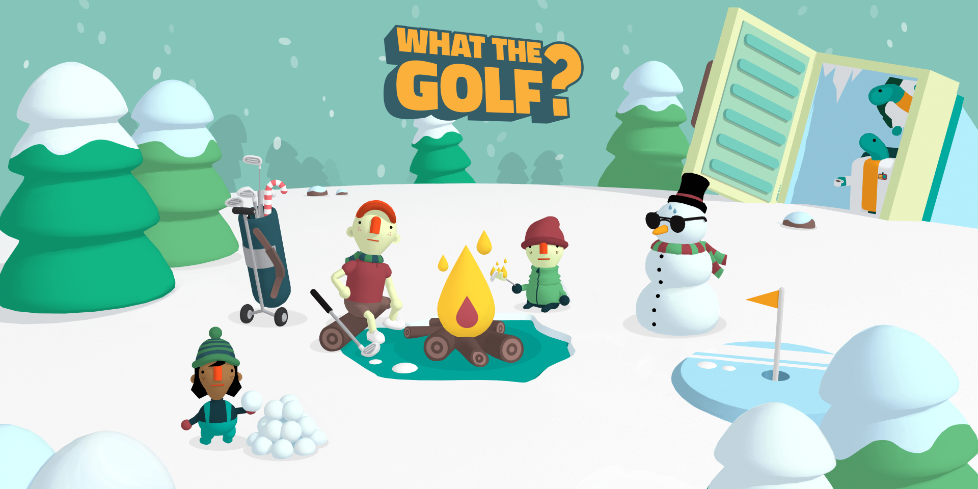 HD desktop wallpaper featuring a whimsical scene from the video game What the Golf?, with cartoonish characters, a snowman, and a campfire on a snowy golf course.