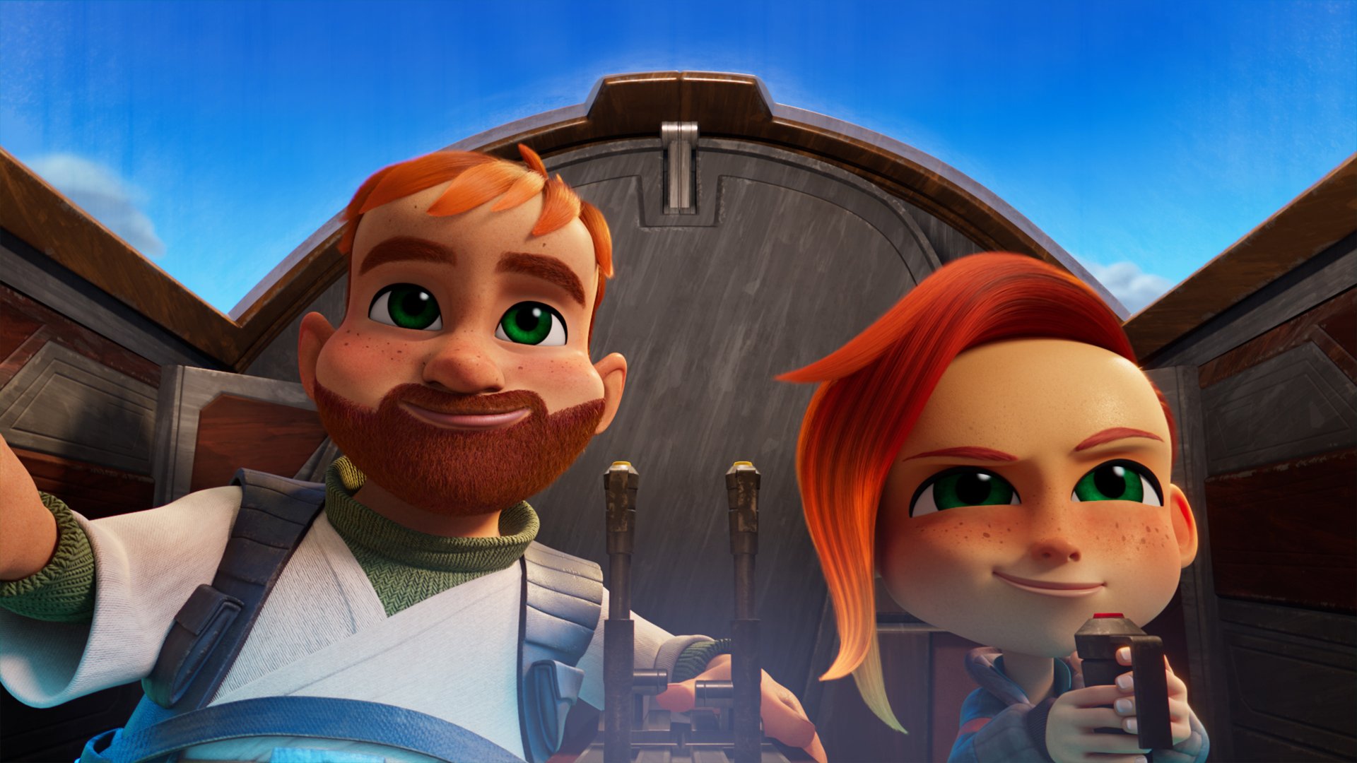 HD desktop wallpaper from Star Wars: Young Jedi Adventures featuring two animated characters smiling in front of a starship hatch.