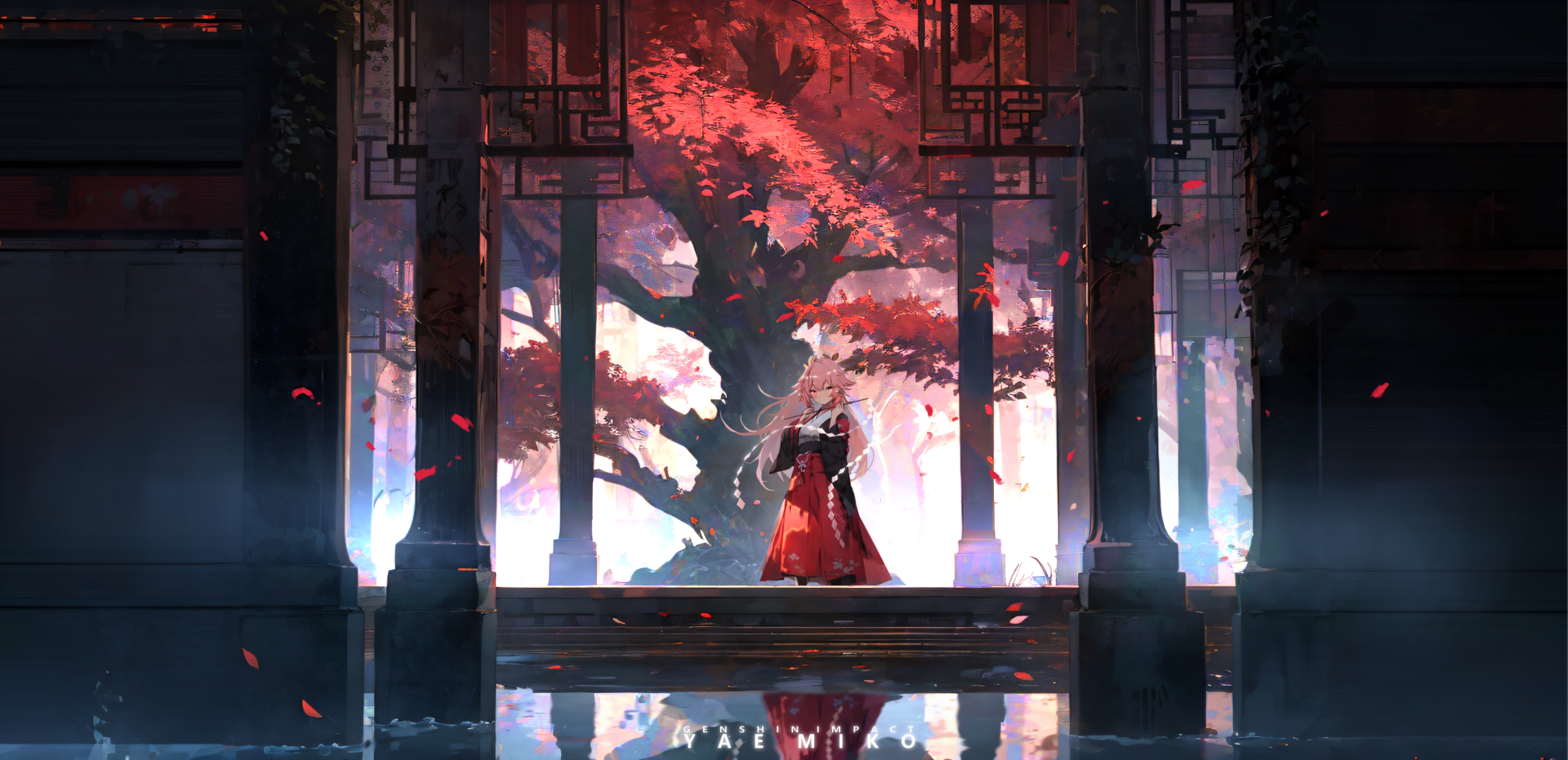 HD PC desktop wallpaper featuring Yae Miko Guuji from Genshin Impact, standing beneath a glowing red maple tree framed by traditional architectural elements.