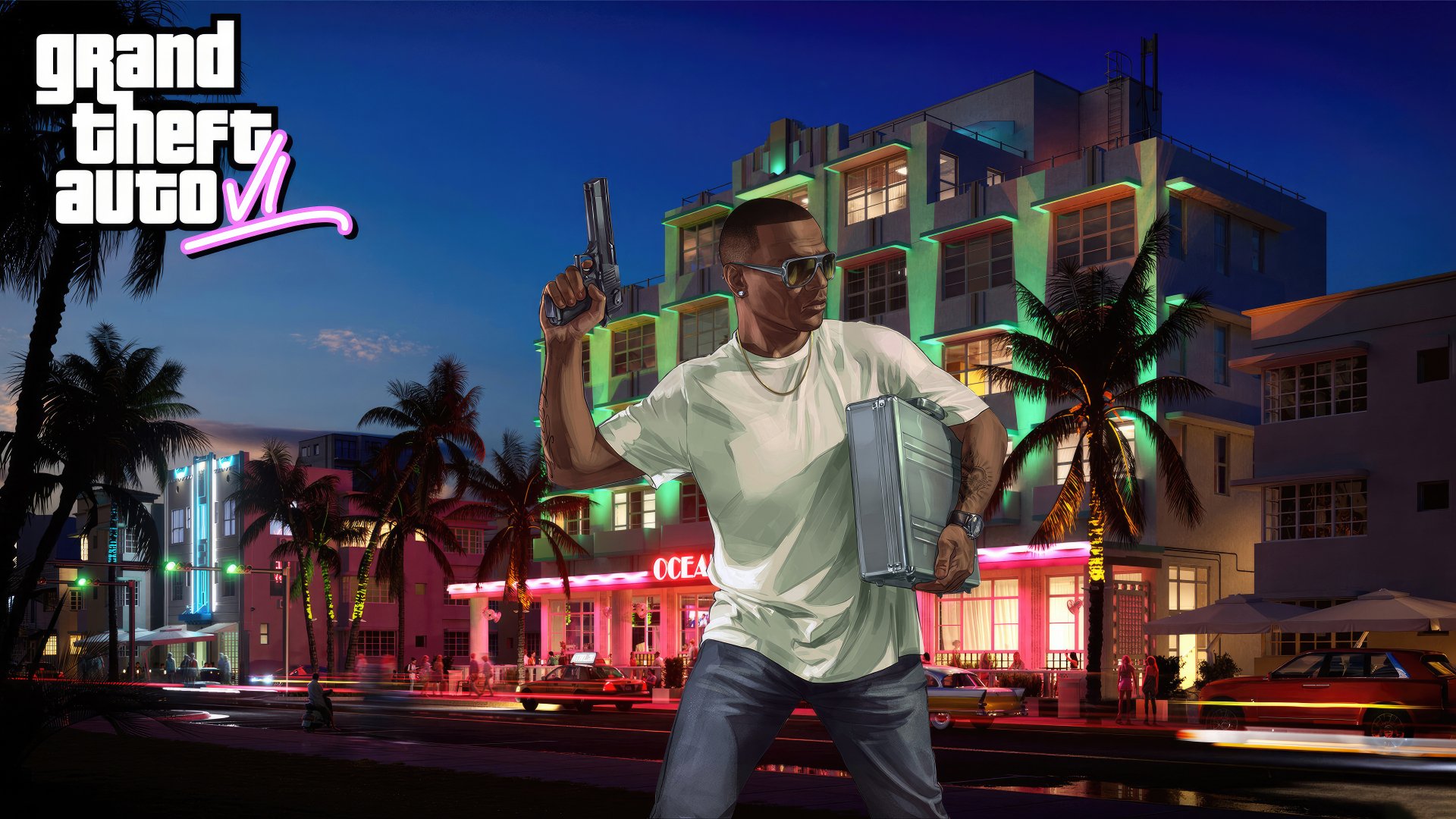 High-definition desktop wallpaper featuring a scene from Grand Theft Auto VI with vibrant city backdrop and game logo.