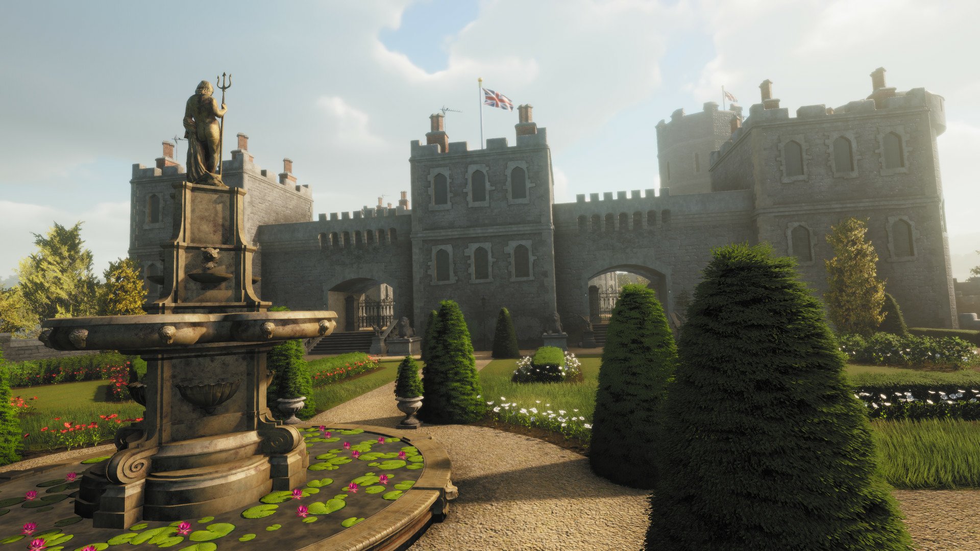 A vibrant HD wallpaper from Lawn Mowing Simulator features a beautifully landscaped garden with a fountain and a majestic castle in the background under a clear blue sky.