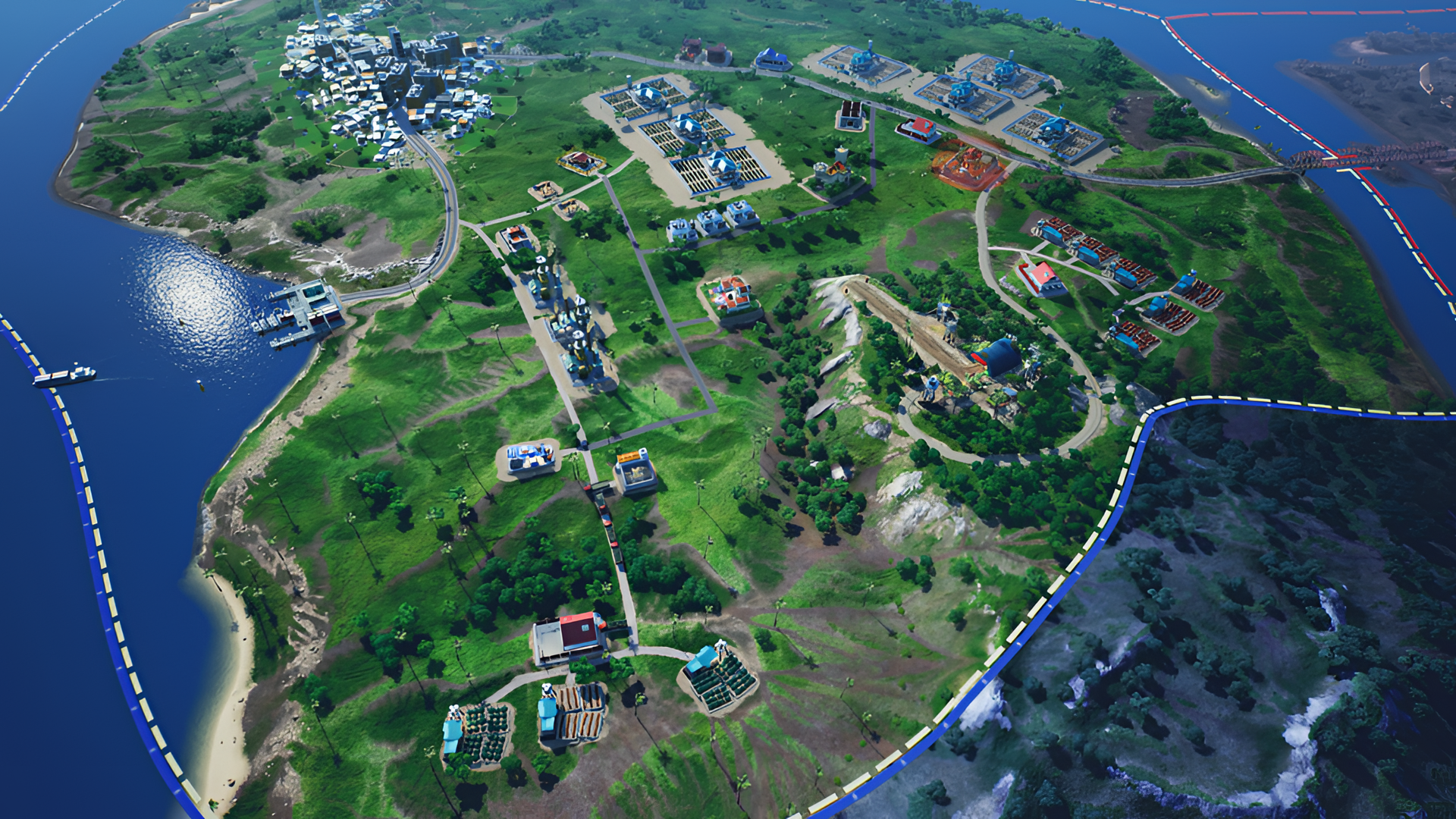 HD desktop wallpaper featuring an aerial view of a vibrant, sprawling in-game estate from the video game Cartel Tycoon, with strategic points and structures set amidst lush green terrain and coastal areas.