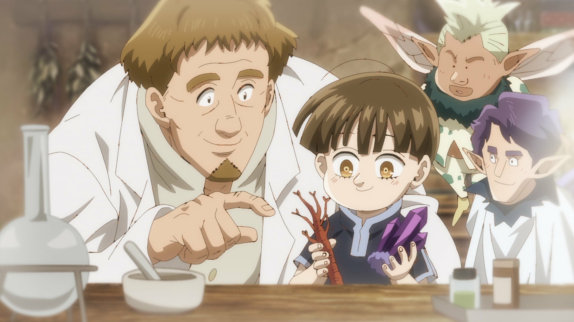 HD wallpaper of a scene from The Seven Deadly Sins: Four Knights of the Apocalypse anime, featuring a character in a lab coat with a young child and magical creatures in a cozy workshop setting.