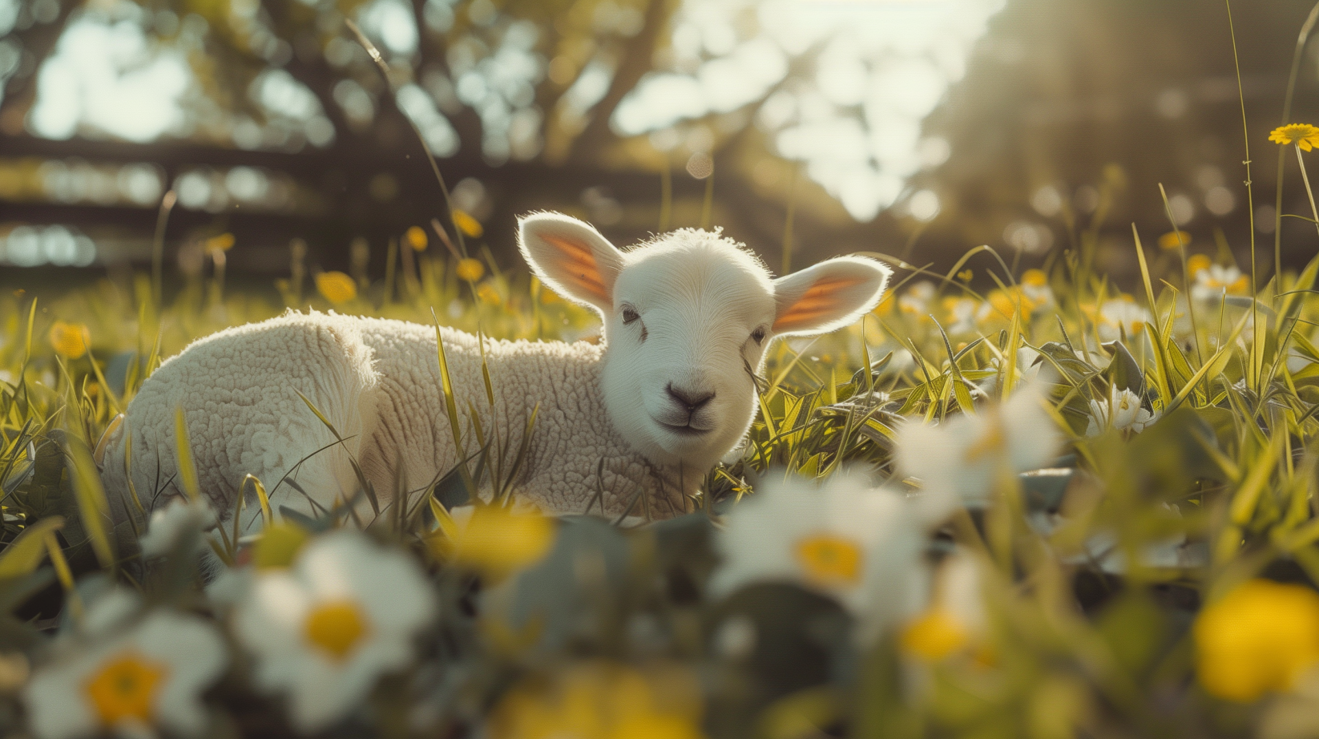 A serene lamb rests among vibrant flowers in a sunlit field, capturing the essence of nature's beauty in this HD desktop wallpaper and background.