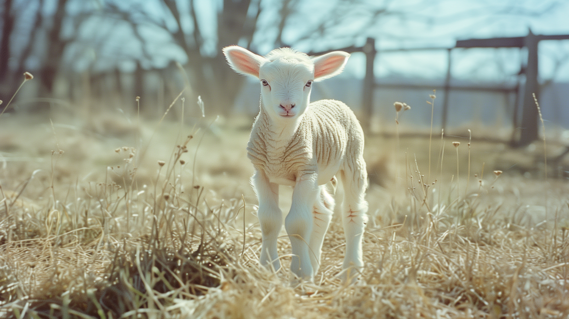 A charming lamb stands in a grassy field, with soft sunlight illuminating its wool. This HD desktop wallpaper captures the innocence and beauty of springtime on a farm.