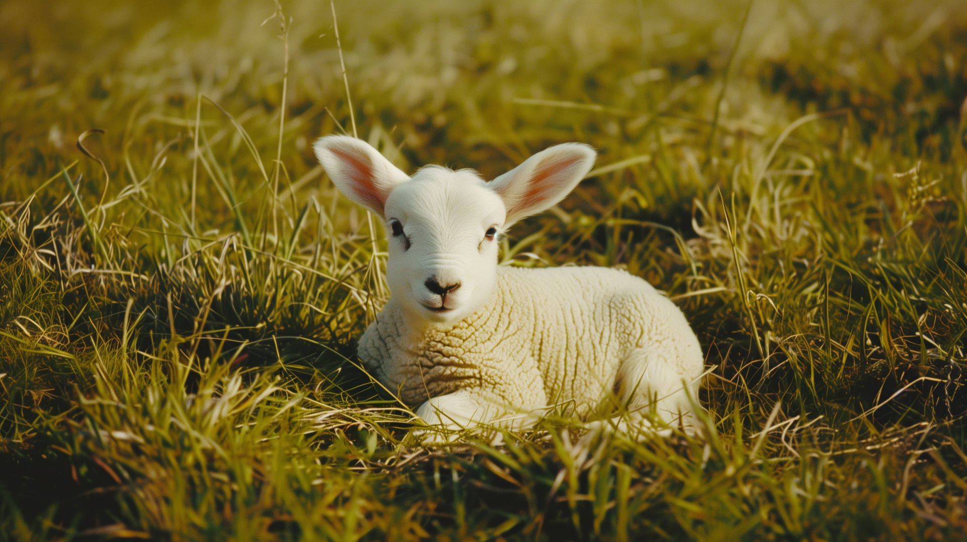A serene lamb rests in a lush green field, creating a peaceful HD desktop wallpaper and background that captures the essence of nature.