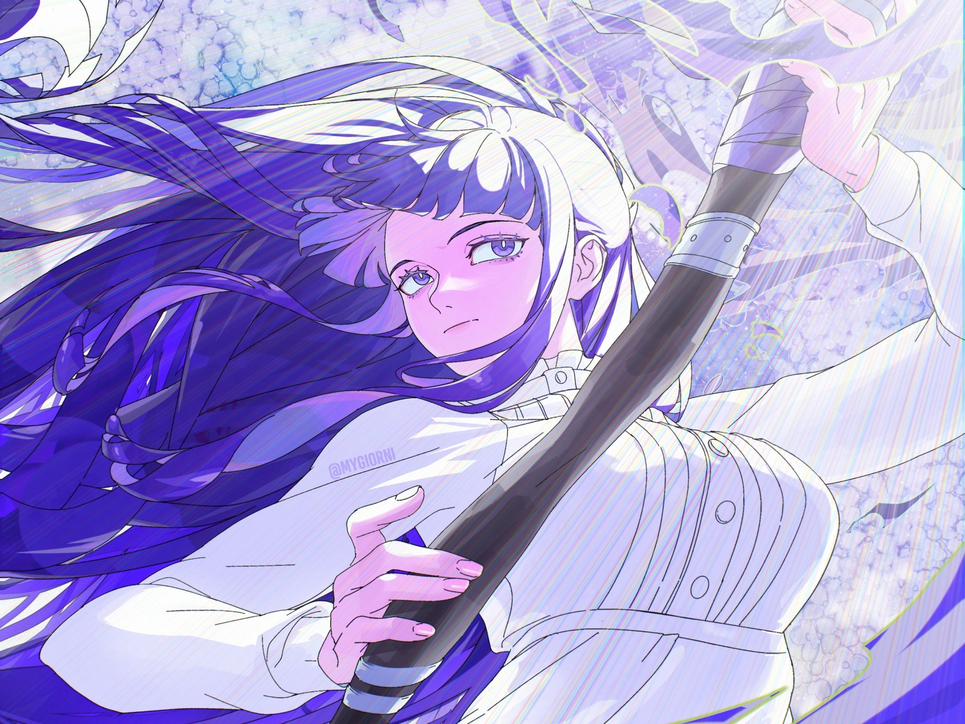 Anime desktop wallpaper of Fern from Frieren: Beyond Journey's End — close-up of Fern with flowing purple hair, holding a staff, 2K Quad HD PC desktop background.