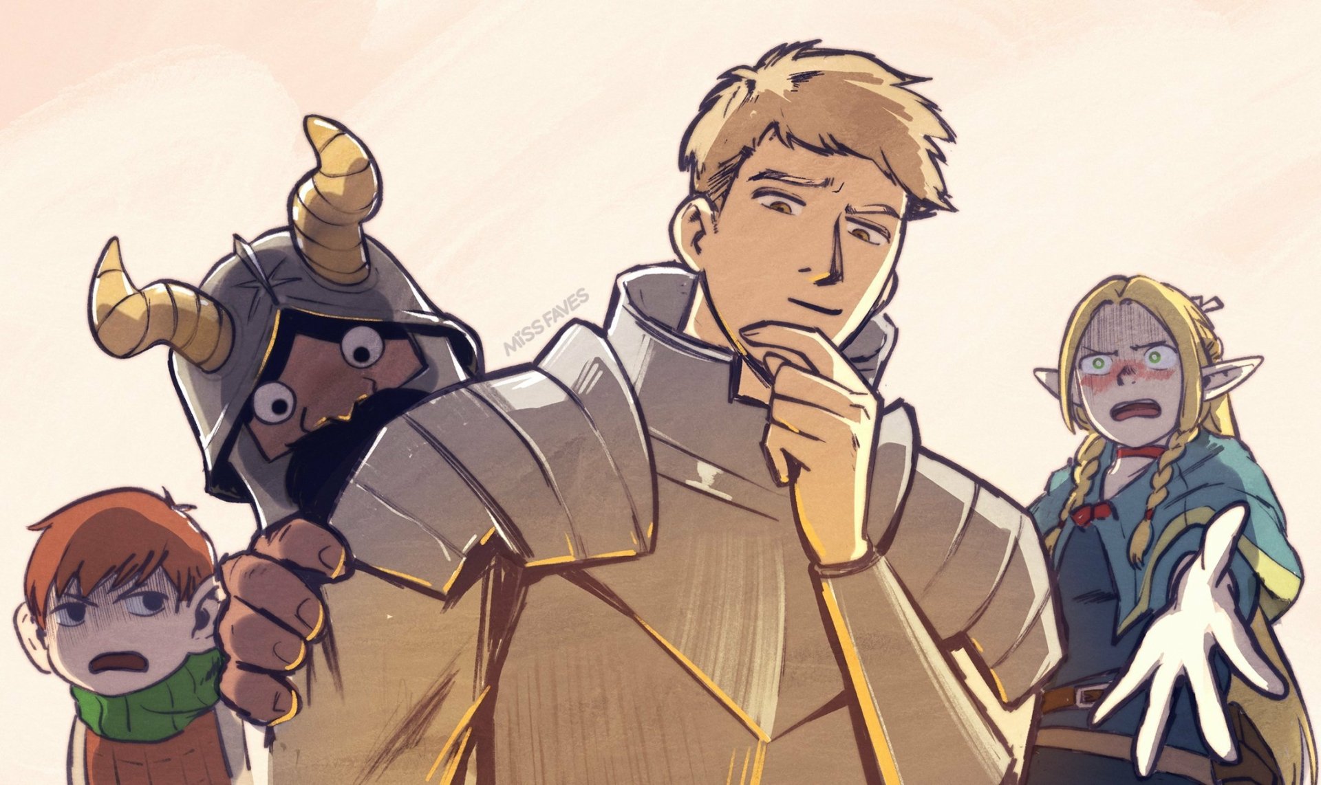 HD PC desktop wallpaper featuring characters from the anime Delicious in Dungeon in a dynamic, expressive scene.