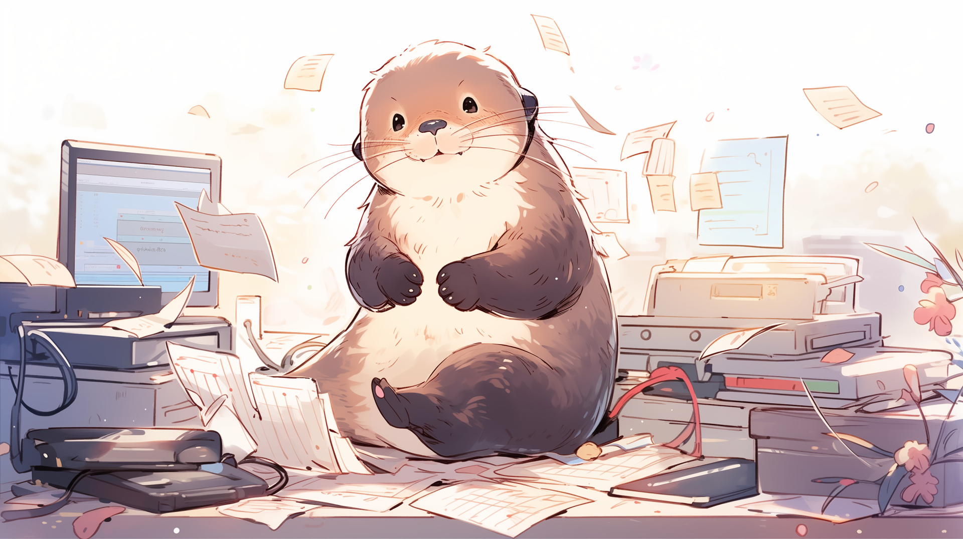 HD desktop wallpaper featuring an AI art drawing of a cute otter surrounded by scattered papers in a cluttered office setting.