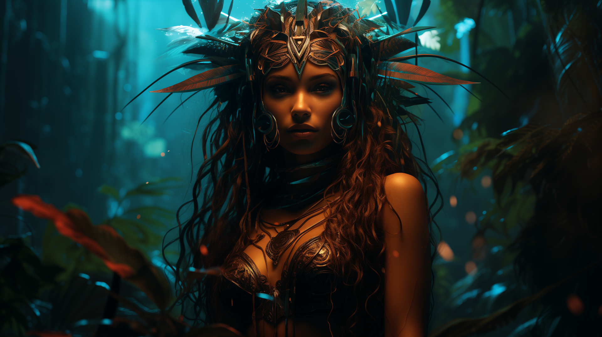 A striking tribal fairy in a dark, mystical forest, rendered in vivid AI art for a high-definition fantasy PC desktop wallpaper background.