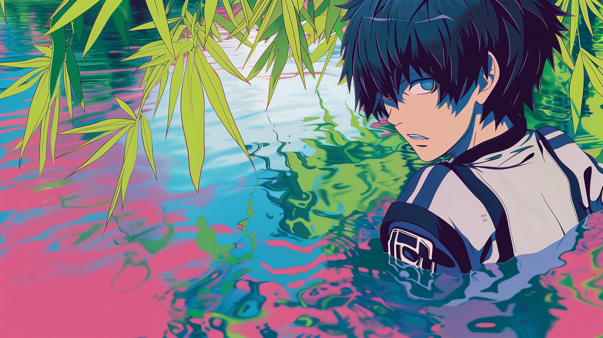 HD desktop wallpaper of Isagi Yoichi, animated character, with a vibrant backdrop of lush green leaves and reflective water.