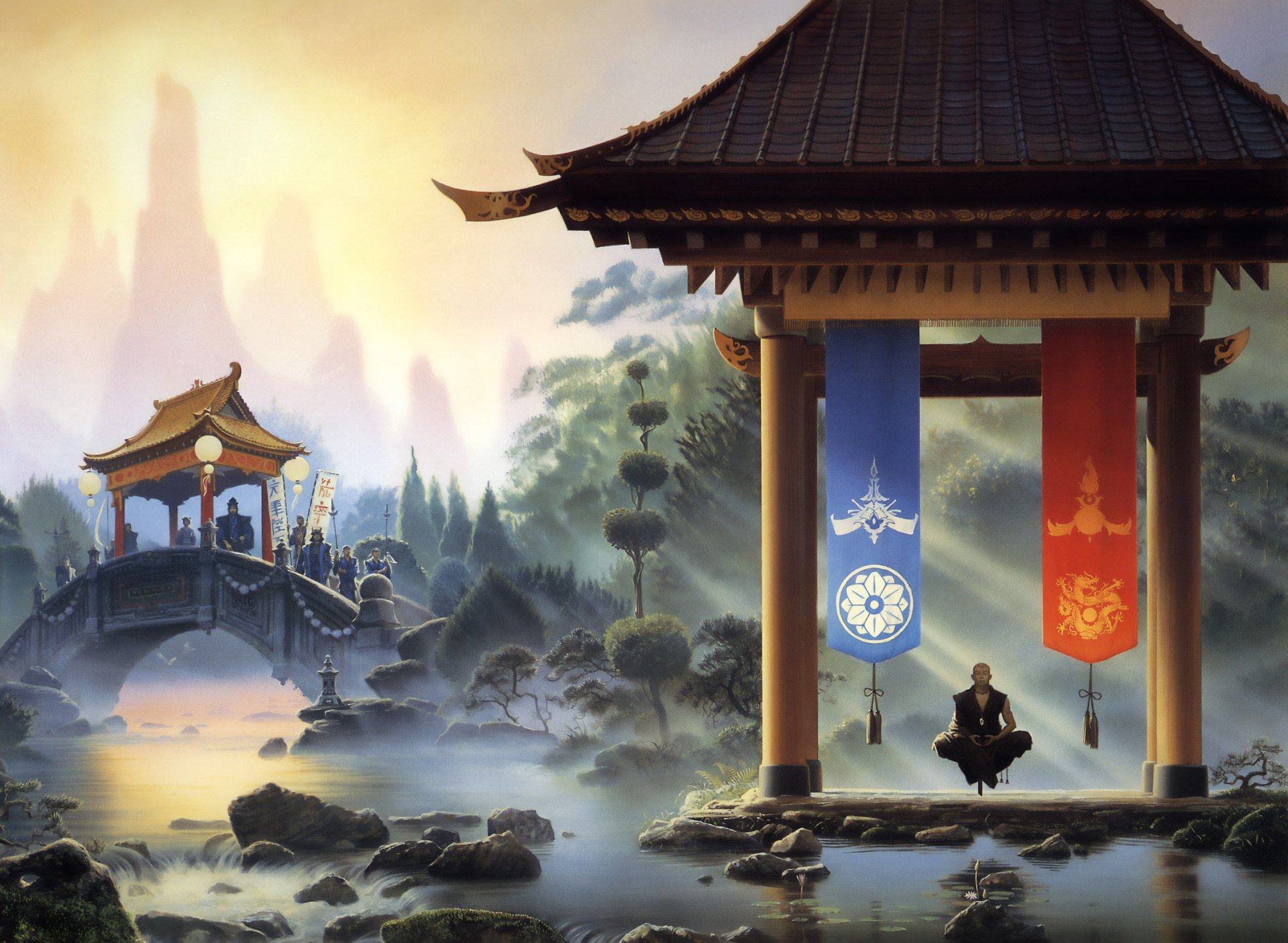 A serene Japanese landscape featuring a monk meditating under a traditional pavilion, surrounded by misty mountains and tranquil waters, creating a fantasy-inspired atmosphere.