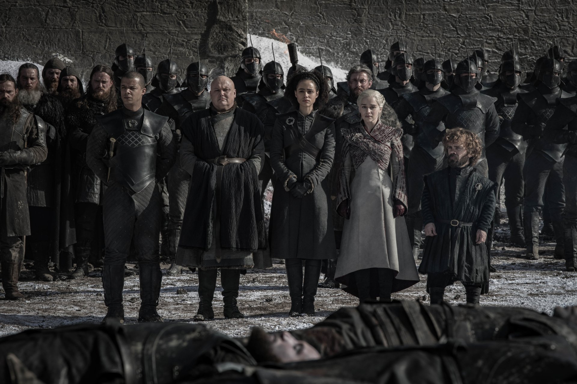 Game of Thrones characters standing solemnly for a HD desktop wallpaper and background, capturing the intense atmosphere of the popular TV show.