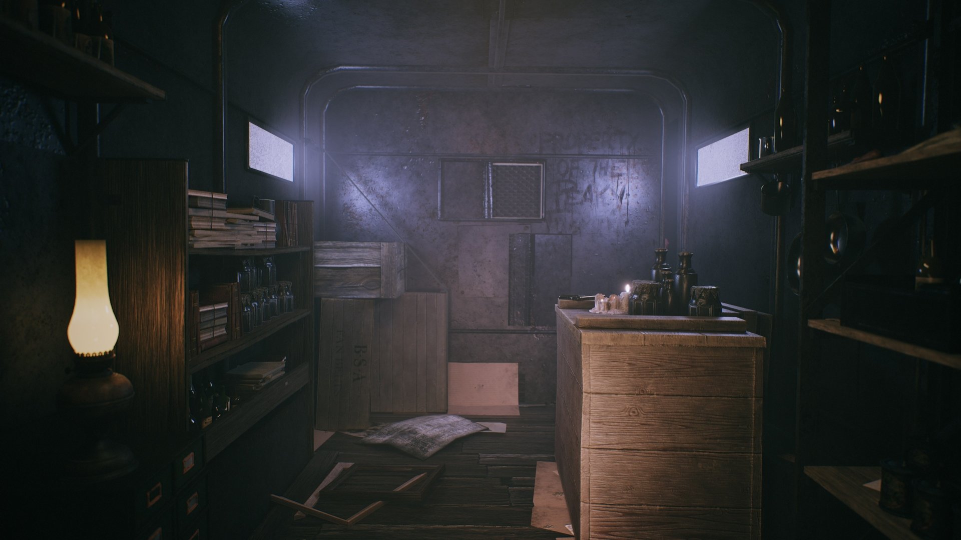 HD desktop wallpaper from the video game Peaky Blinders: The King's Ransom, featuring a dimly lit room with shelves, a dresser, and an old lamp, creating a moody atmosphere.
