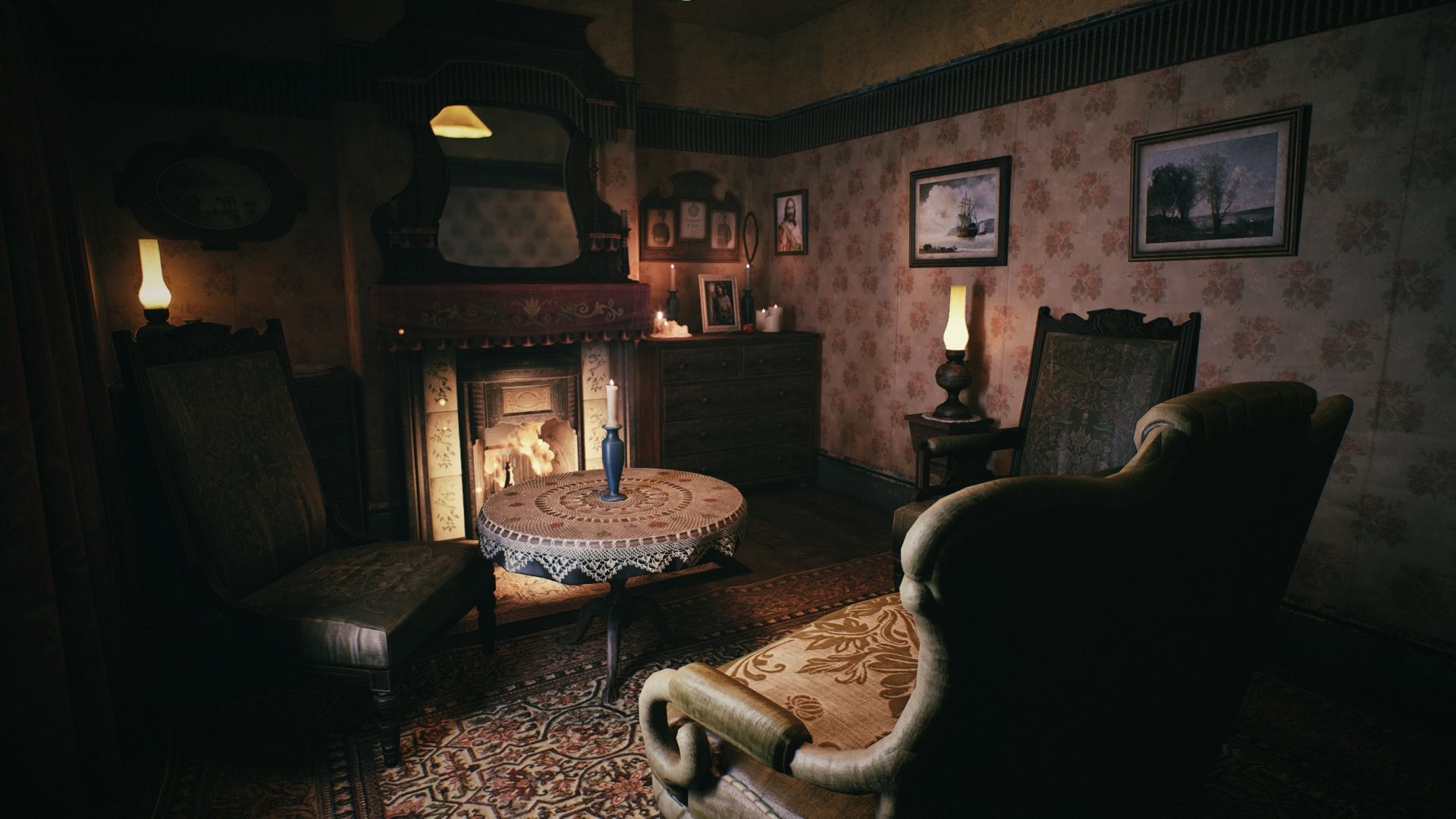 HD desktop wallpaper featuring a vintage room from the video game Peaky Blinders: The King's Ransom, with a cozy fireplace, antique furniture, and ambient lighting.