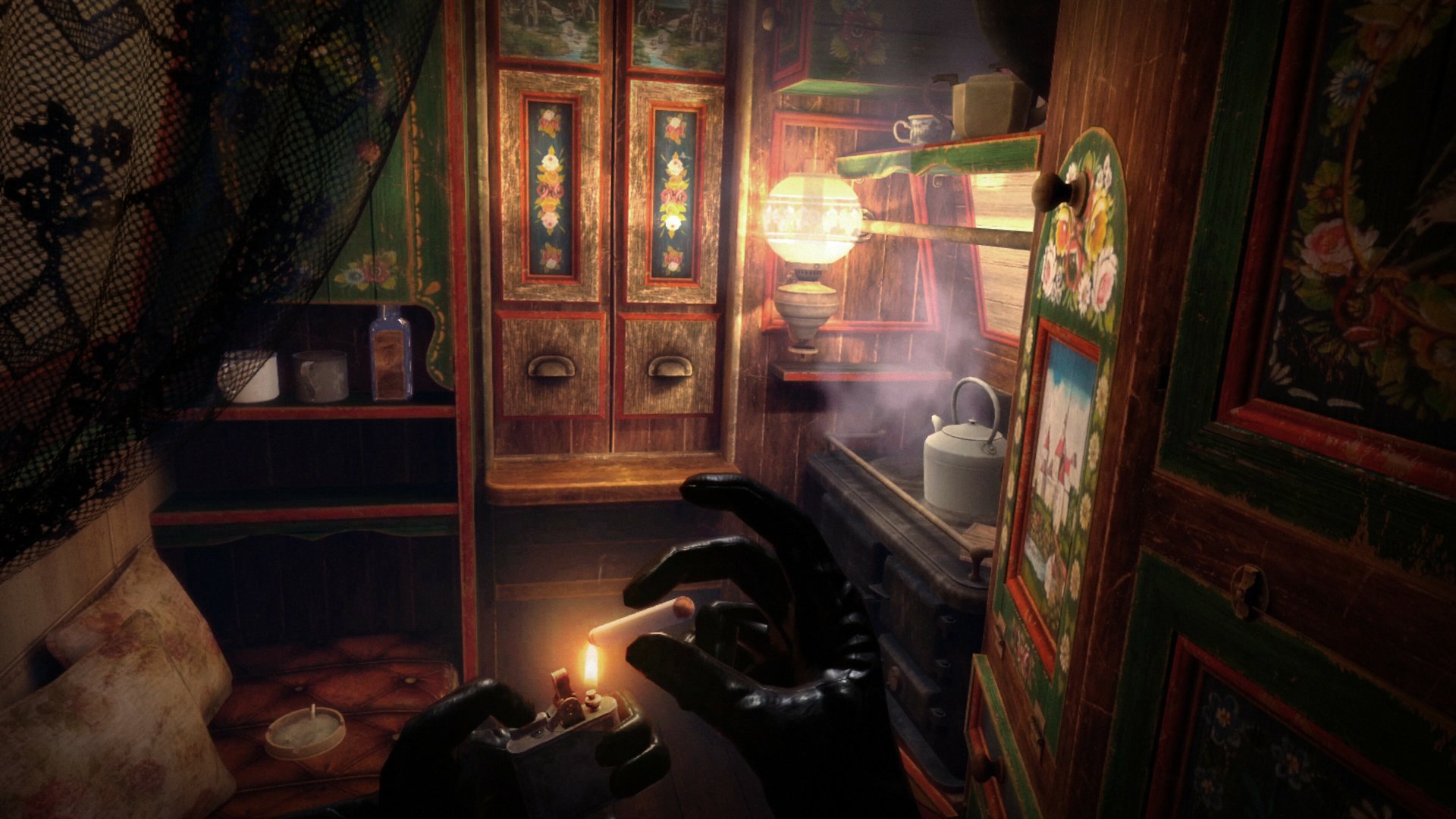 A captivating HD desktop wallpaper from the video game Peaky Blinders: The King's Ransom, featuring a dimly lit room with detailed wooden shelves and mysterious atmosphere.