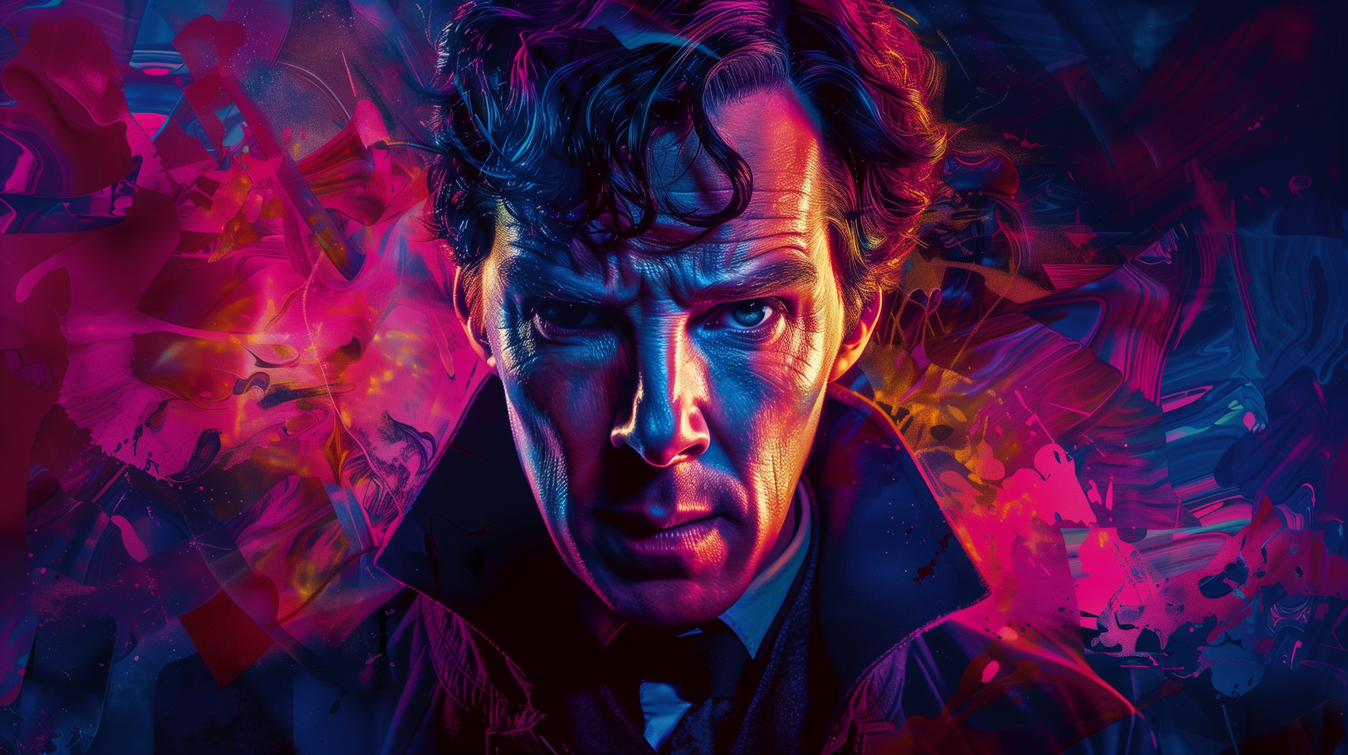 HD fan art wallpaper featuring a vivid, stylized portrayal of Sherlock Holmes with intense colors and abstract background elements.