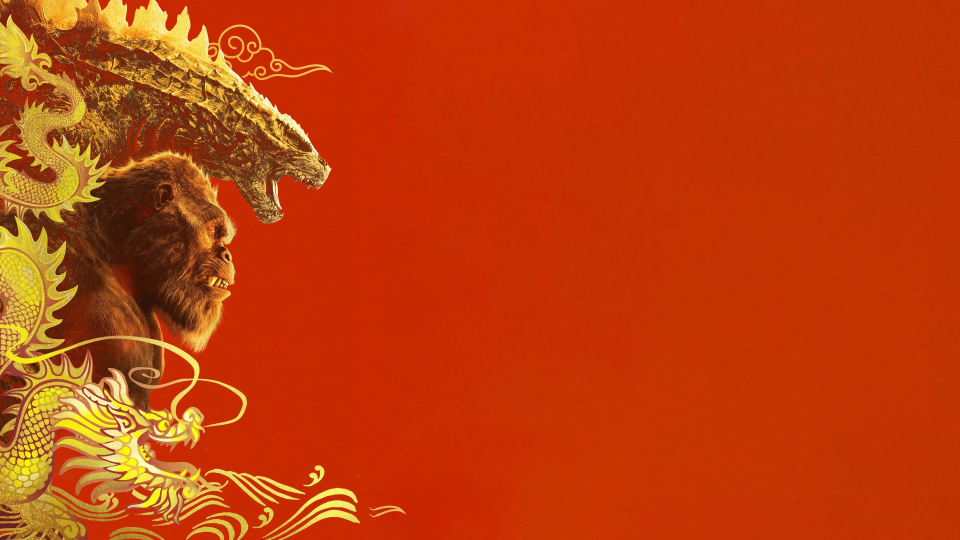 HD wallpaper featuring artistic representations of Godzilla and Kong in a dynamic pose against a red backdrop, inspired by the movie 'Godzilla x Kong: The New Empire'.