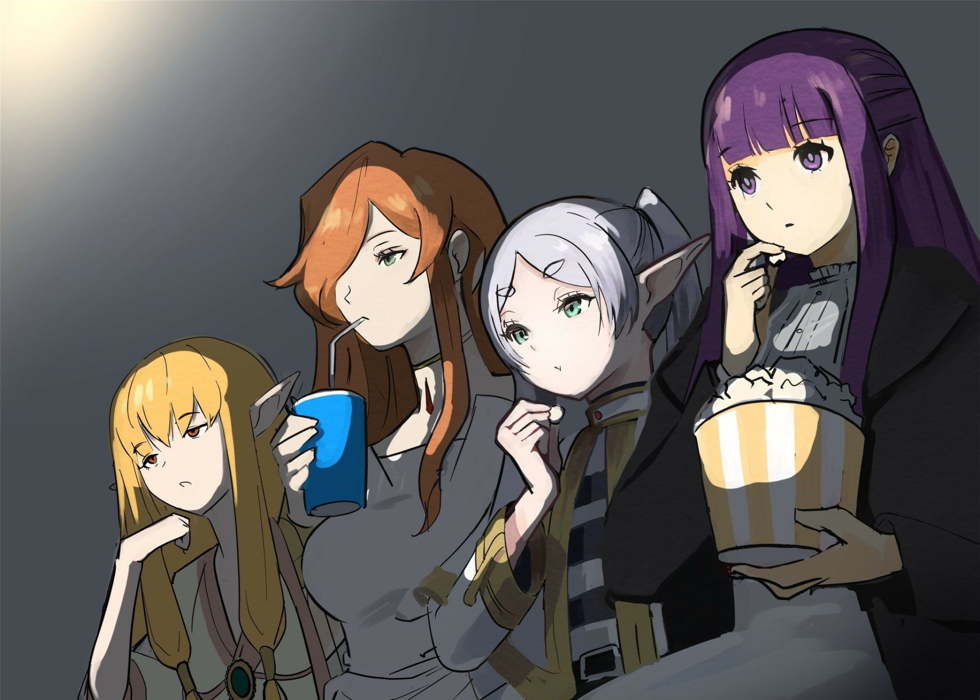 HD anime desktop wallpaper featuring characters from Frieren: Beyond Journey's End, including Frieren and Fern, in a casual setting with snacks and drinks.