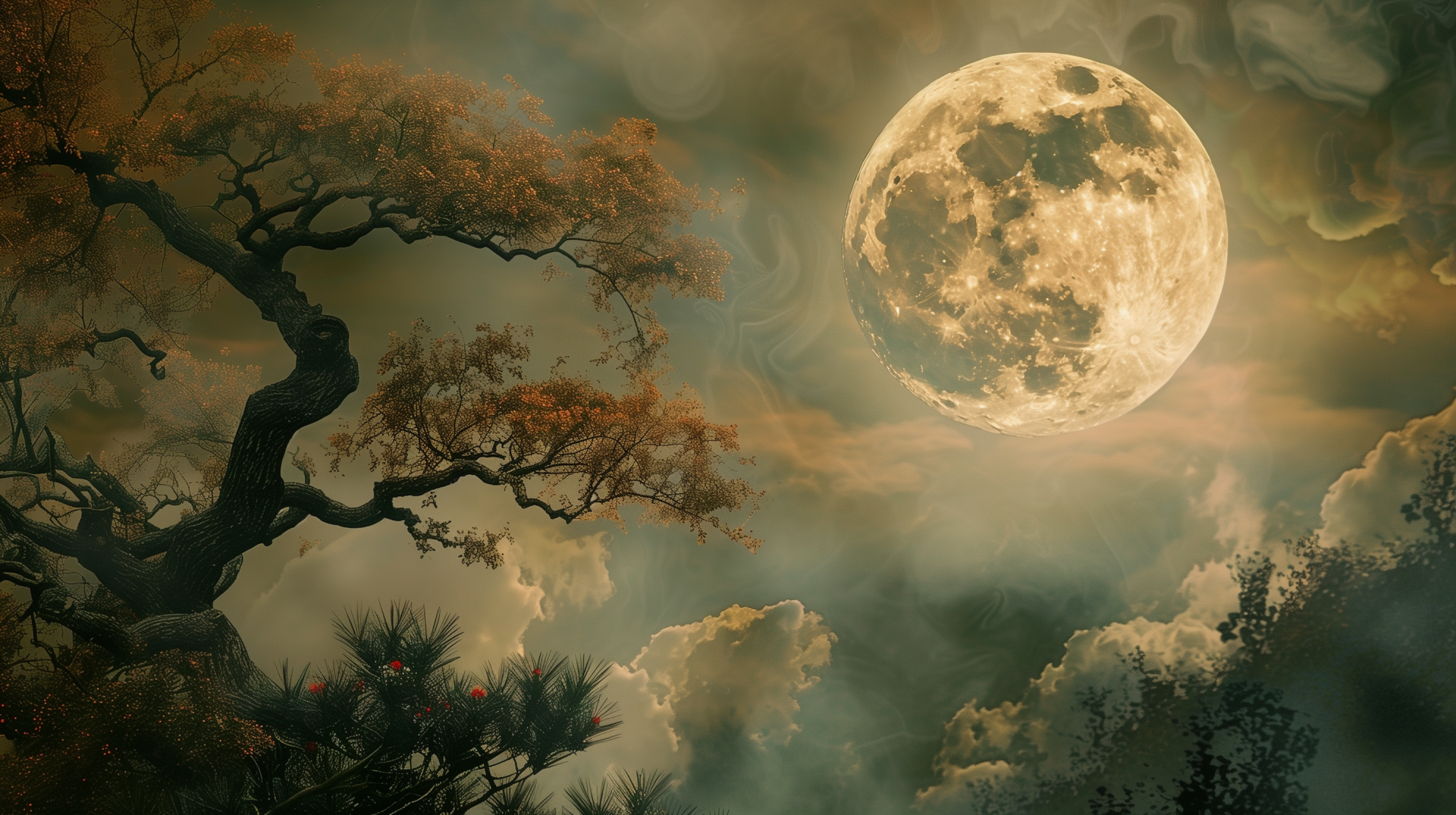 HD desktop wallpaper featuring a full moon amidst clouds with a silhouette of a tree branch.