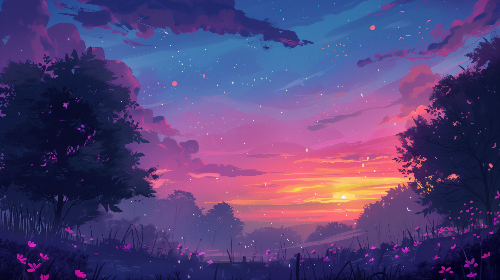 HD desktop wallpaper featuring a serene dawn with a vibrant pink and purple sky, silhouetted trees, and sparkling stars.