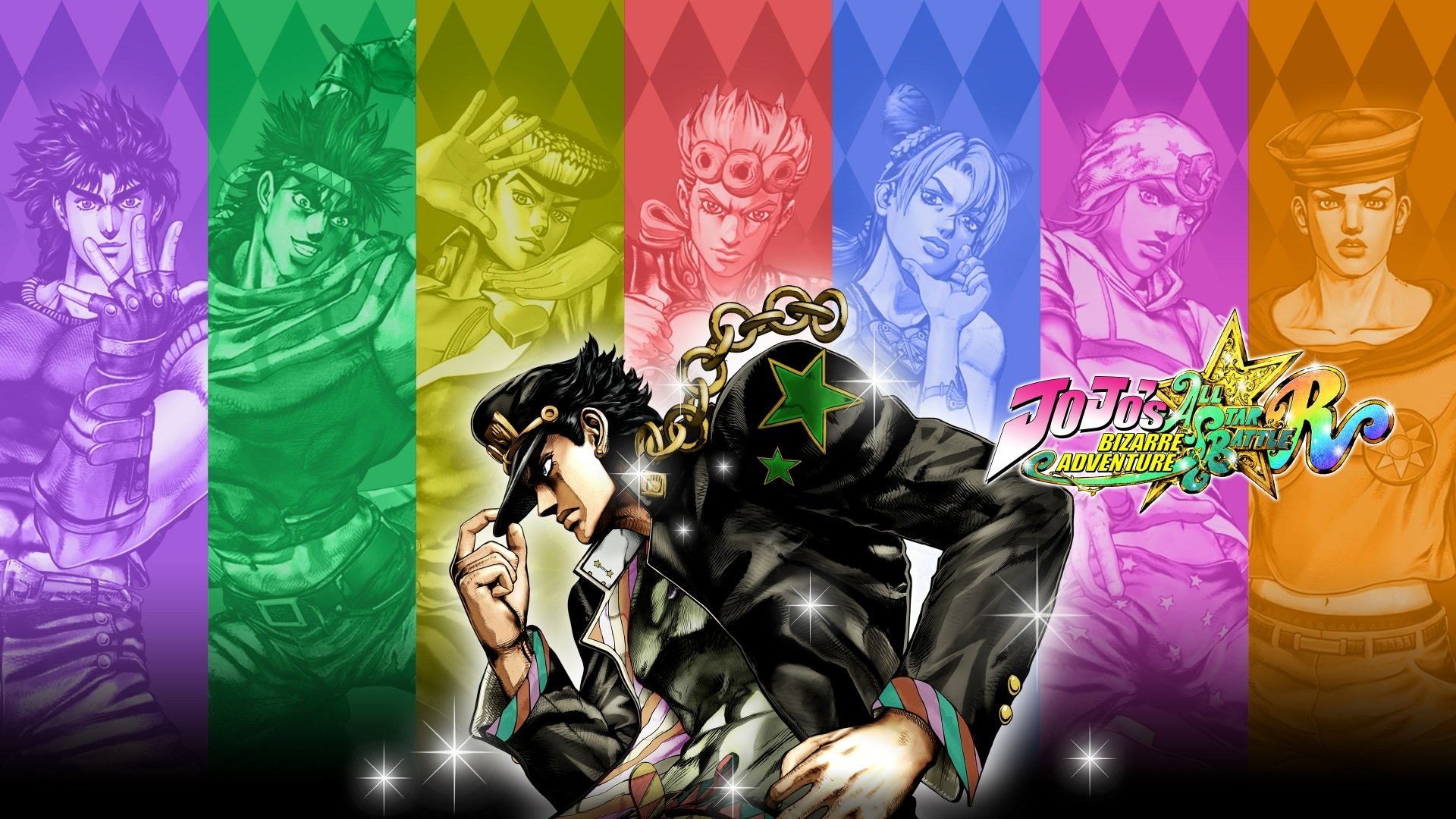 HD desktop wallpaper featuring Jotaro Kujo from Jojo's Bizarre Adventure with a colorful, diamond-patterned background representing various characters from the series.