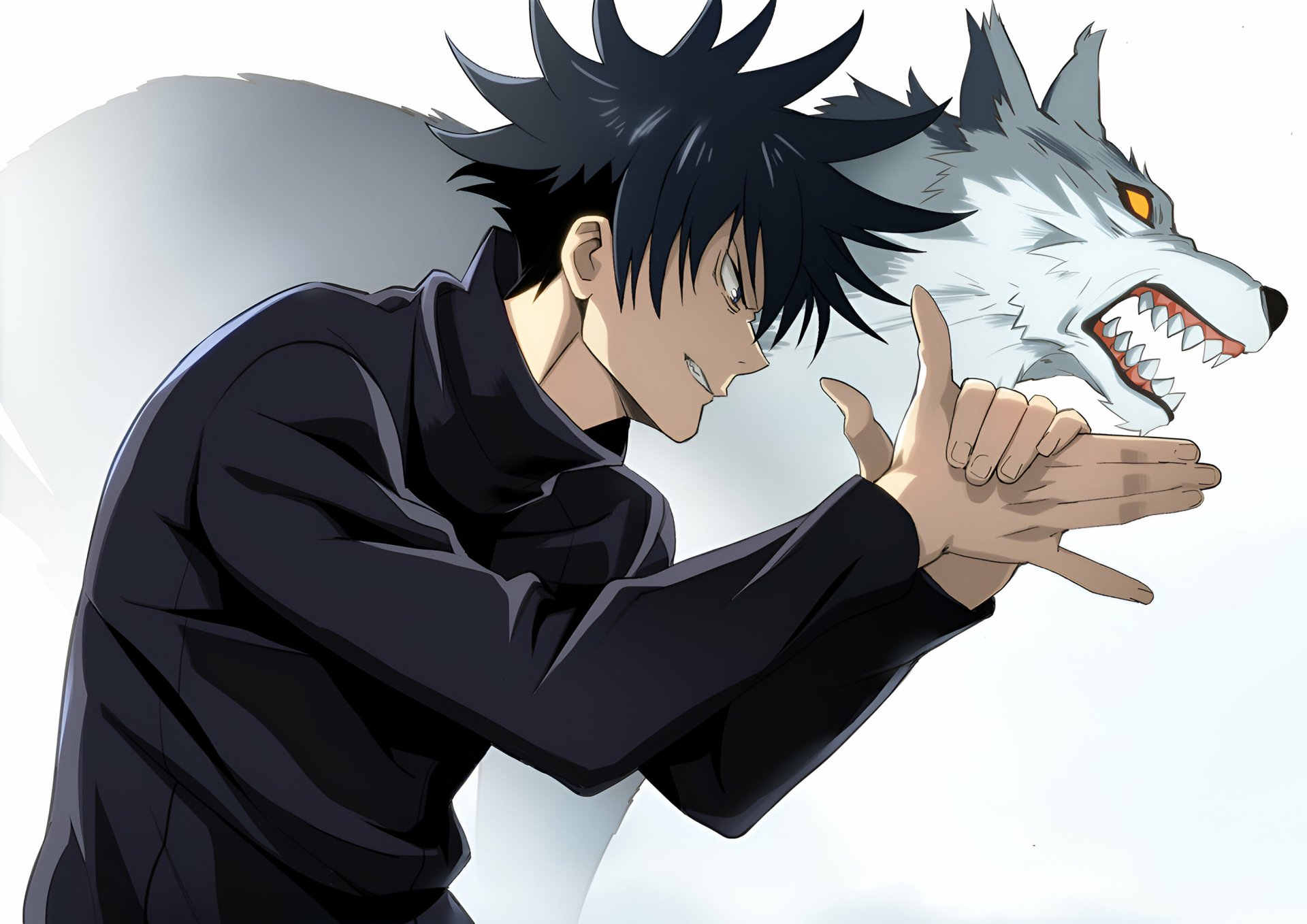 HD anime wallpaper featuring Megumi Fushiguro from Jujutsu Kaisen striking a dynamic pose with a fierce white wolf spirit behind him.
