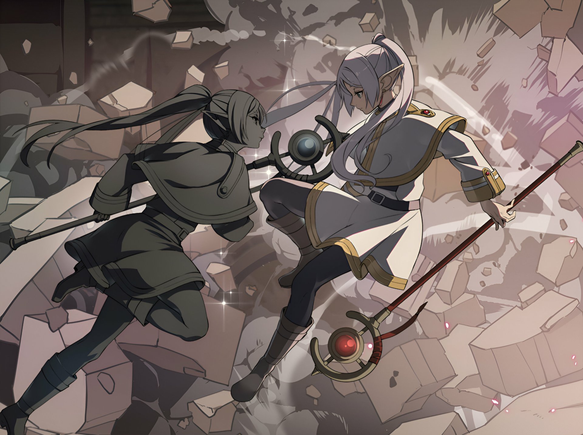 Anime-style HD desktop wallpaper featuring characters from Frieren: Beyond Journey's End in a dynamic battle scene with detailed backgrounds and intense action.