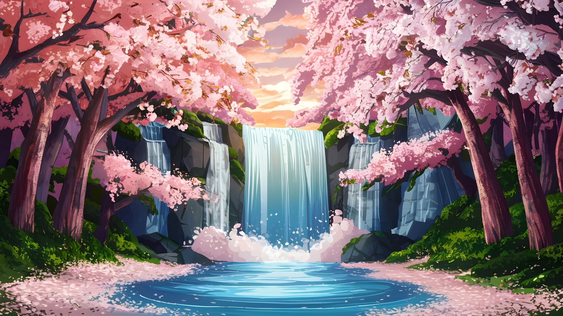 Serene waterfall in a blooming cherry blossom forest by gabruwallpapers