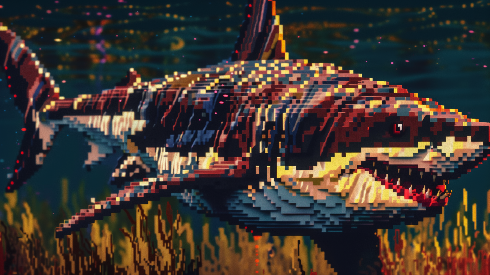 HD pixel-art shark wallpaper for desktop background displaying a colorful, stylized shark underwater.
