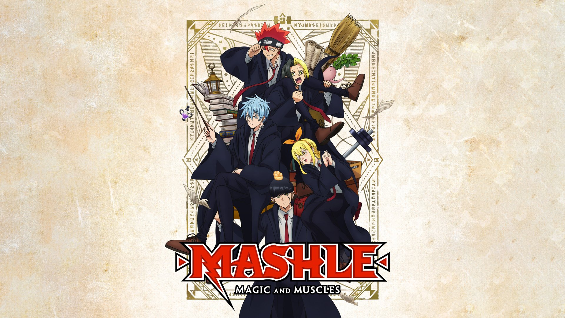 Mashle: Magic and Muscles anime HD wallpaper featuring characters Mash Burnedead, Lance Crown, and Finn Ames in dynamic poses with vintage-style backdrop.