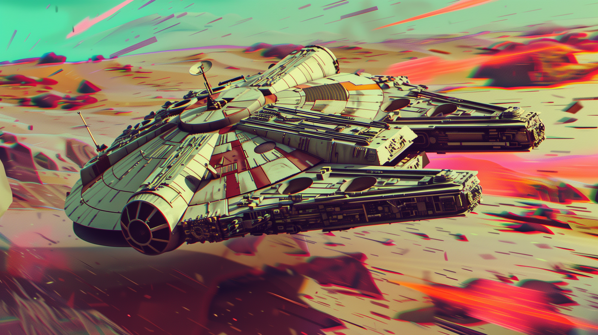 HD Star Wars Millennium Falcon desktop wallpaper featuring the iconic spacecraft in a dynamic flight pose with a vibrant, stylized background.