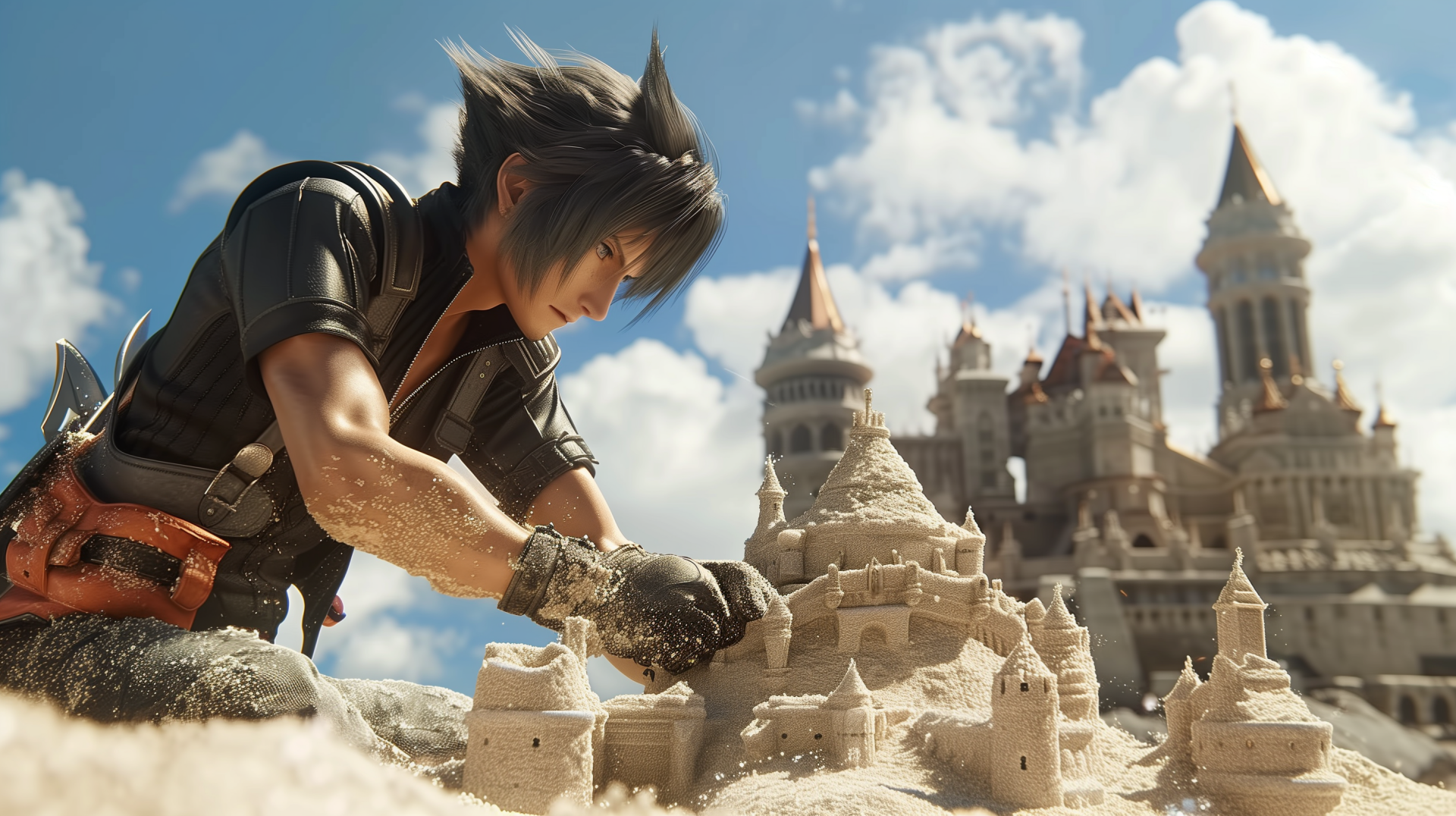 Cloud Strife, from Final Fantasy VII Remake, intricately builds a sandcastle against a backdrop of grand castles and blue skies in this vibrant HD wallpaper.