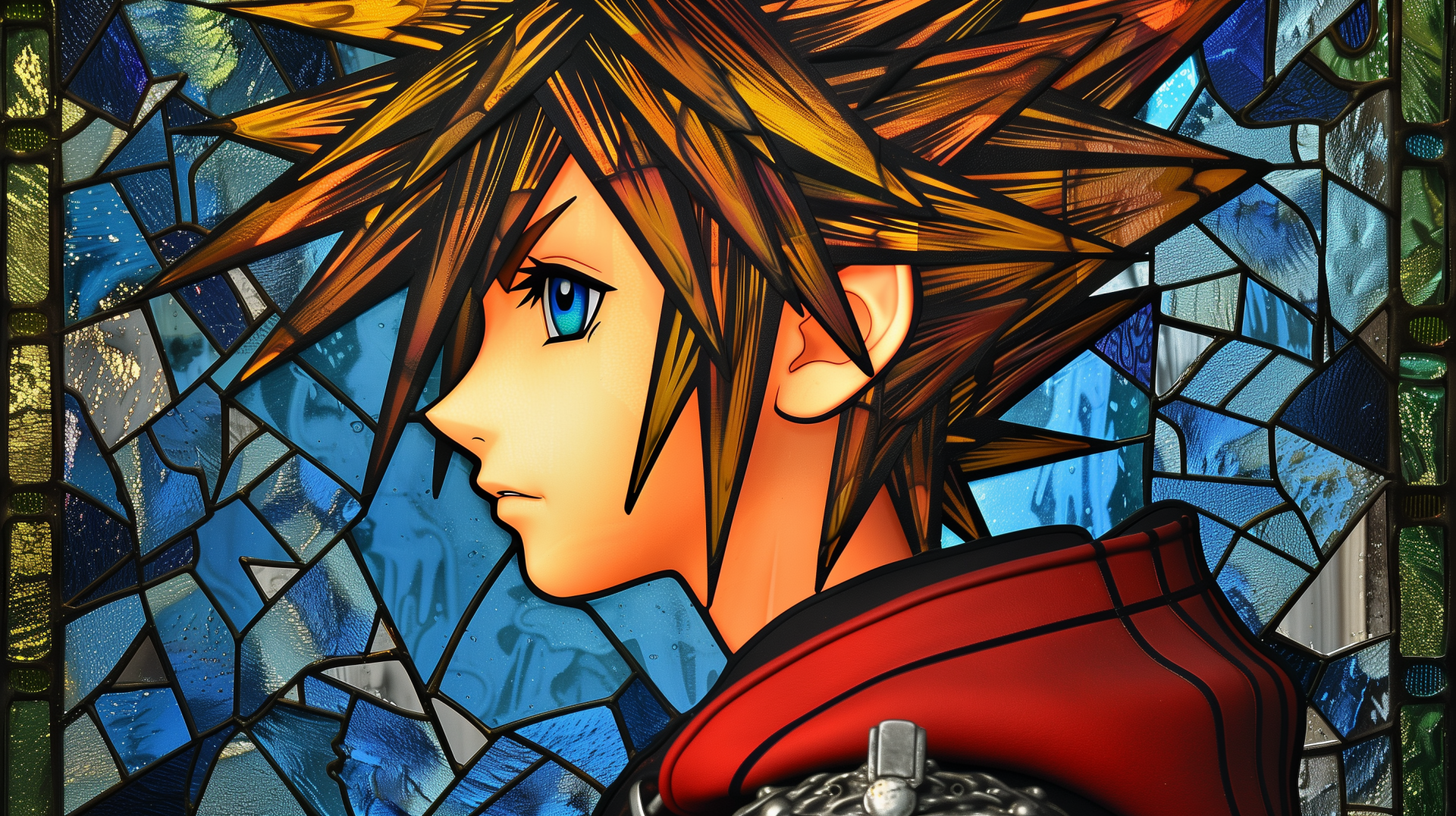 HD wallpaper featuring Sora from Kingdom Hearts III, showcasing his iconic spiky hair against a vibrant stained glass backdrop, embodying the spirit of the beloved video game series.