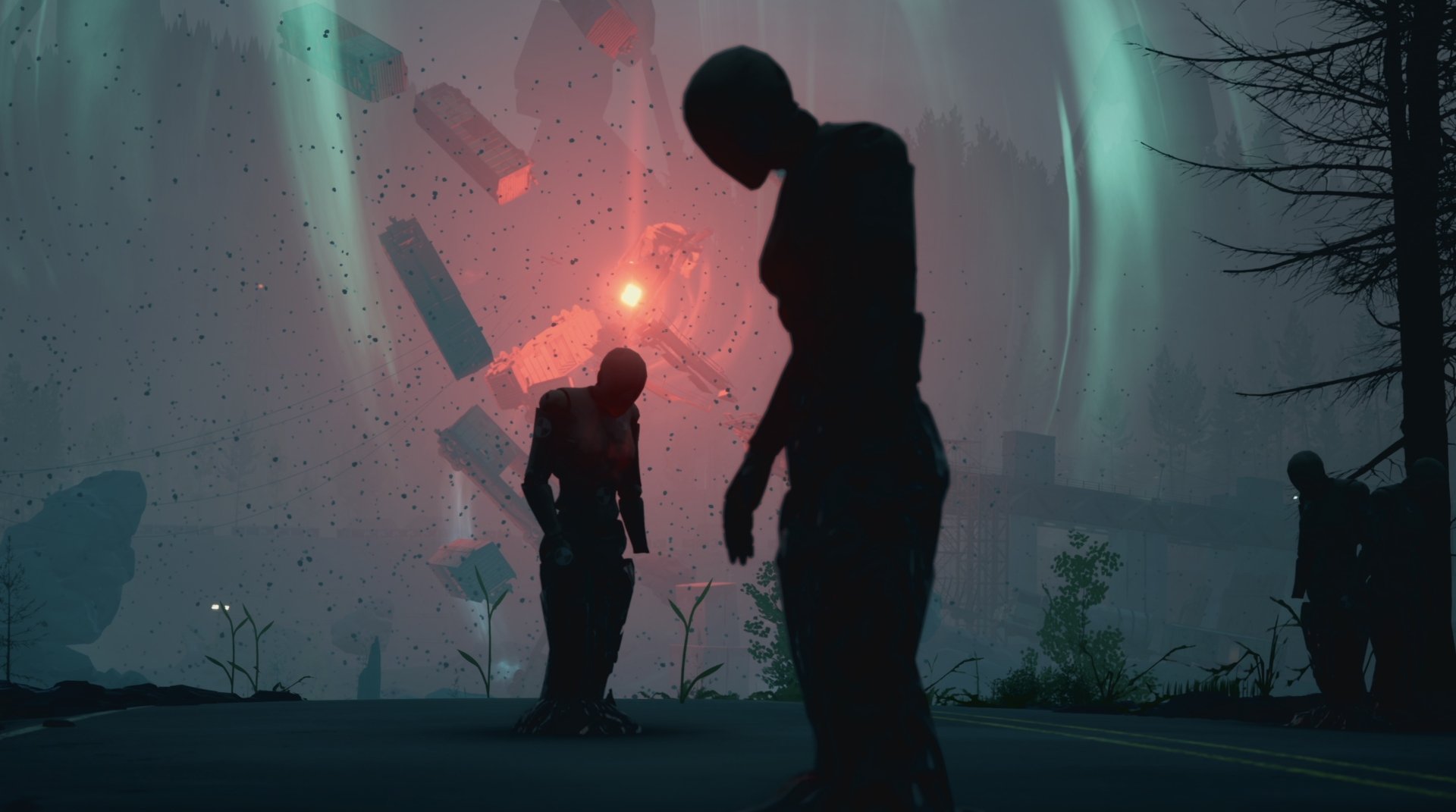 HD wallpaper of Pacific Drive video game featuring silhouettes and atmospheric lights in a mysterious setting.