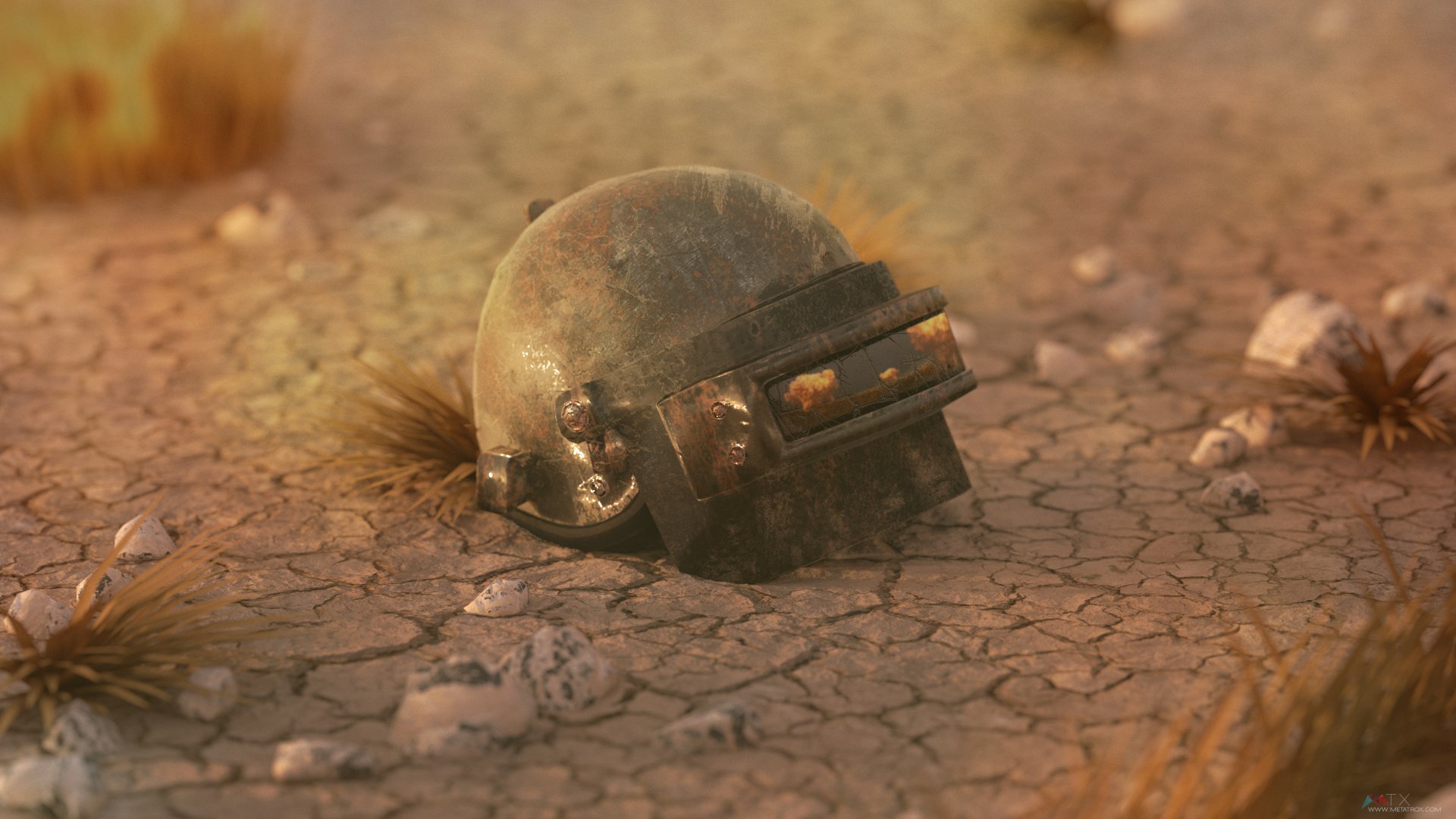 HD wallpaper of a Playerunknown's Battlegrounds (PUBG) level 3 helmet on a dry, cracked ground, evoking the intense atmosphere of the game.