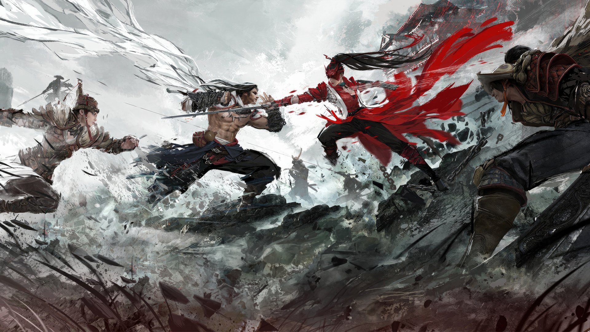 HD Wallpaper of Naraka: Bladepoint video game depicting a dynamic battle scene with characters engaging in combat amidst a snowy backdrop.