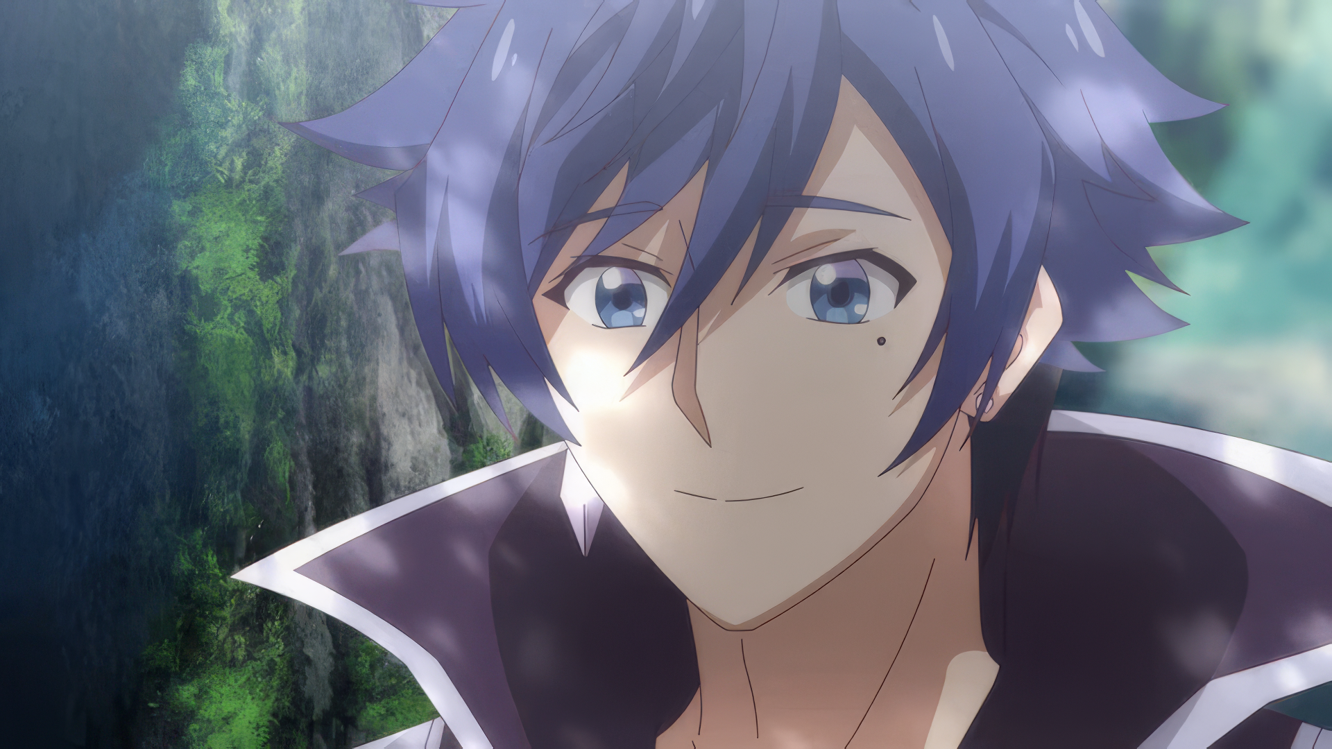 HD wallpaper featuring a smiling anime character from 'The Banished Former Hero Lives as He Pleases' with a soft-focus forest background.