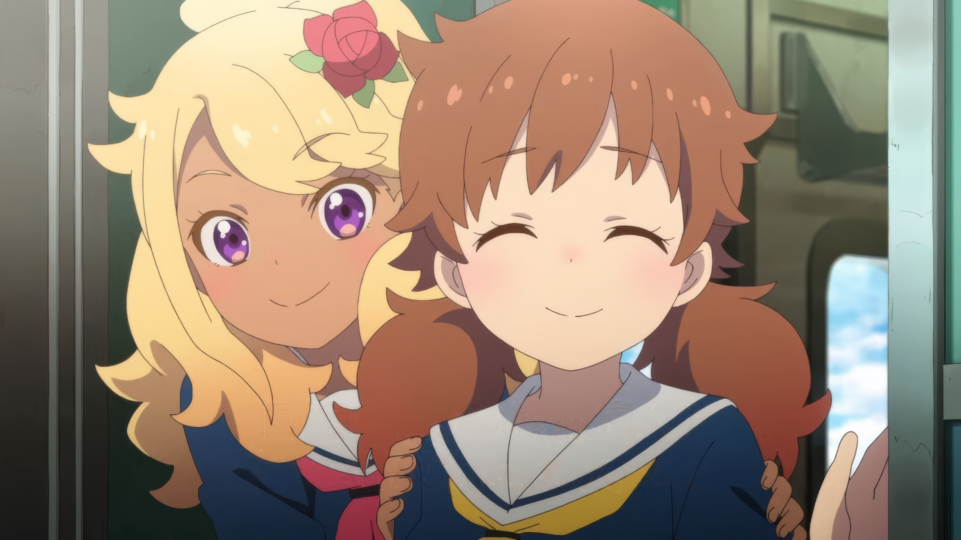 Anime characters smiling aboard the Train to the End of the World, HD desktop wallpaper and background.