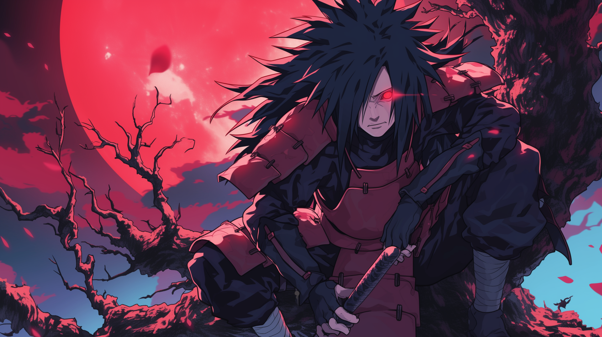 HD desktop wallpaper featuring the anime character Madara Uchiha with the Sharingan from Naruto, poised in a dynamic stance against a crimson moon backdrop.
