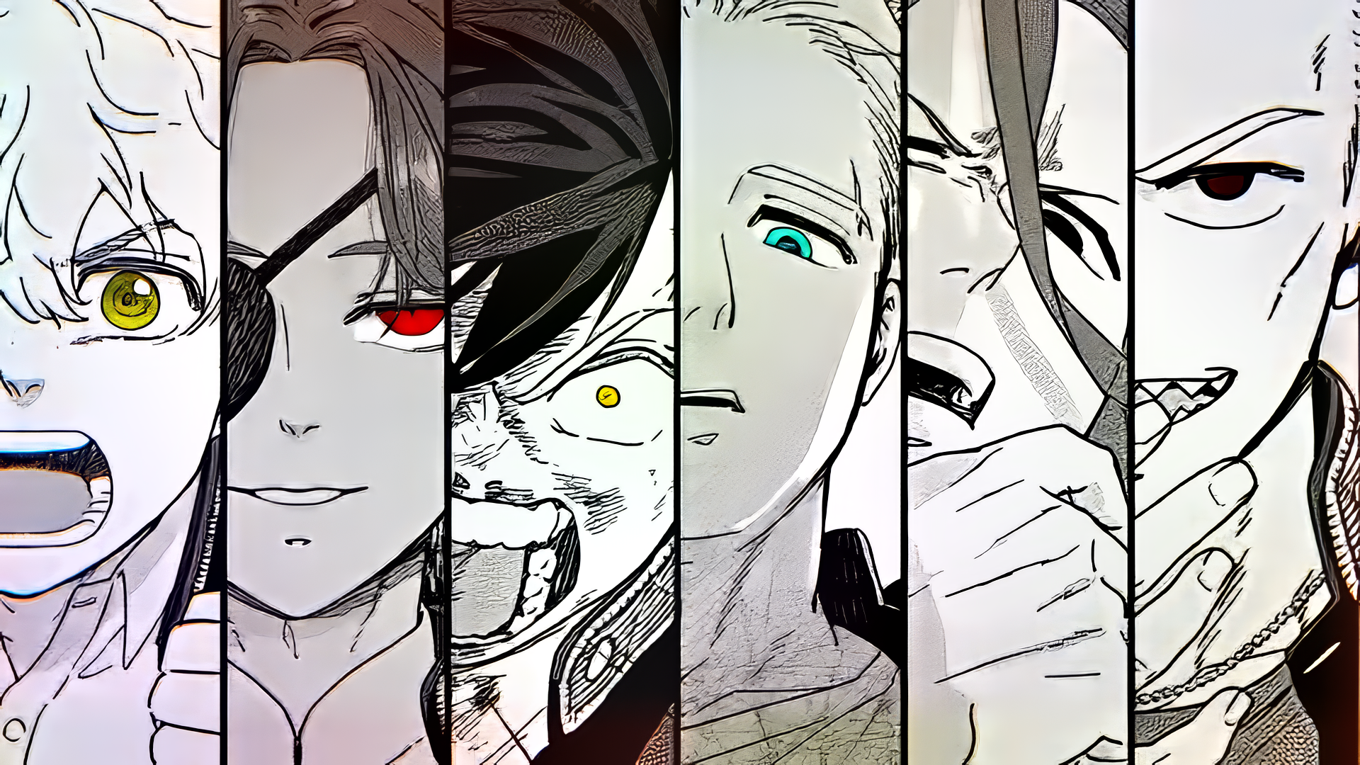 HD anime wallpaper featuring close-up panels of characters from Wind Breaker with dramatic expressions.