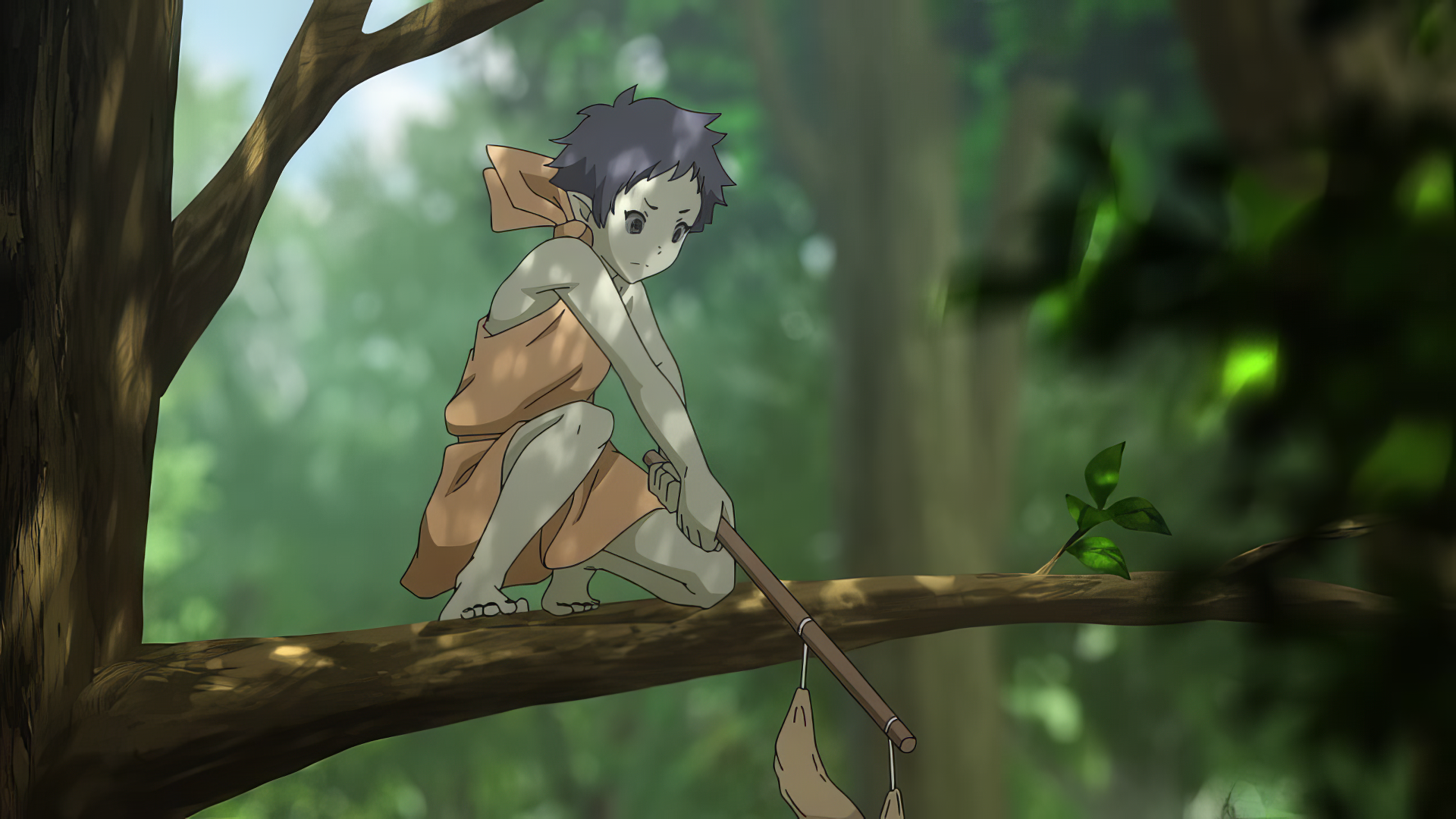 Anime character from Re:Monster sitting on a tree branch in a forest HD desktop wallpaper.
