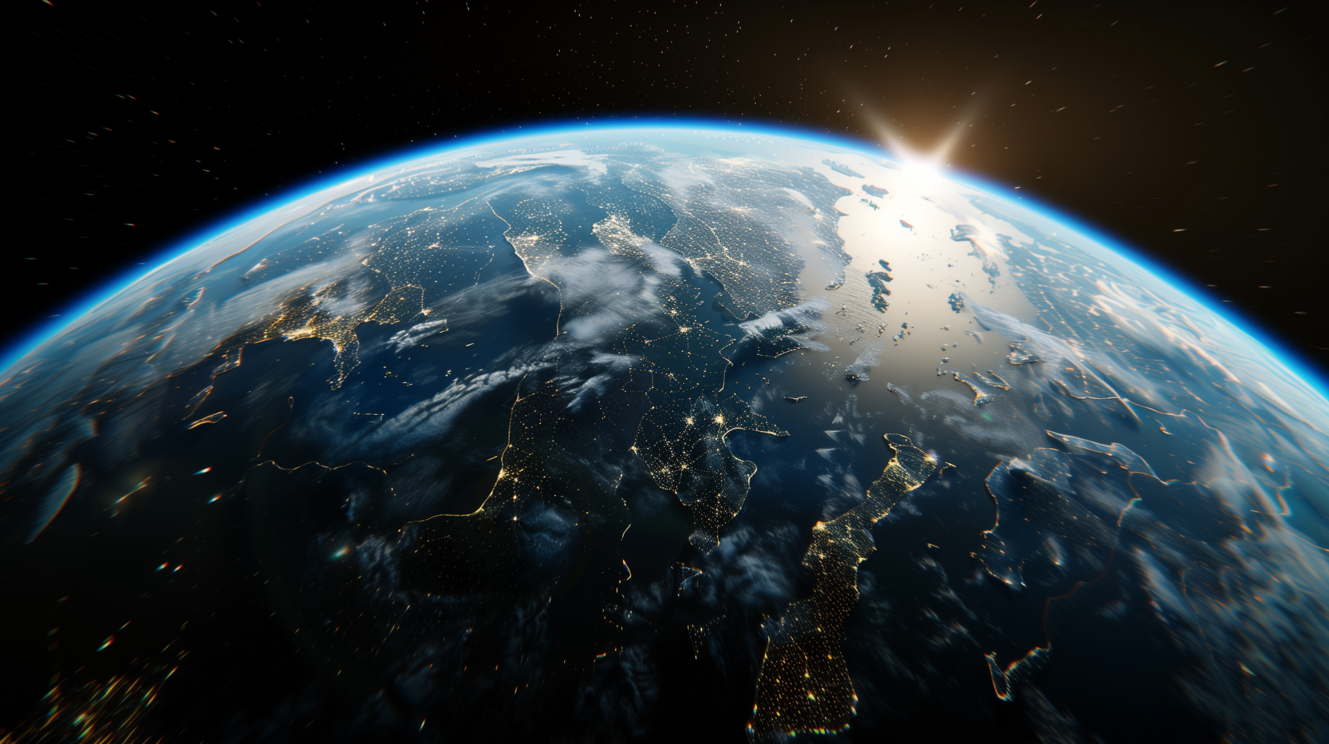 A stunning HD image of Earth from space, showcasing the planet's vibrant blue oceans, swirling clouds, and glowing lights from cities as the sun rises on the horizon.