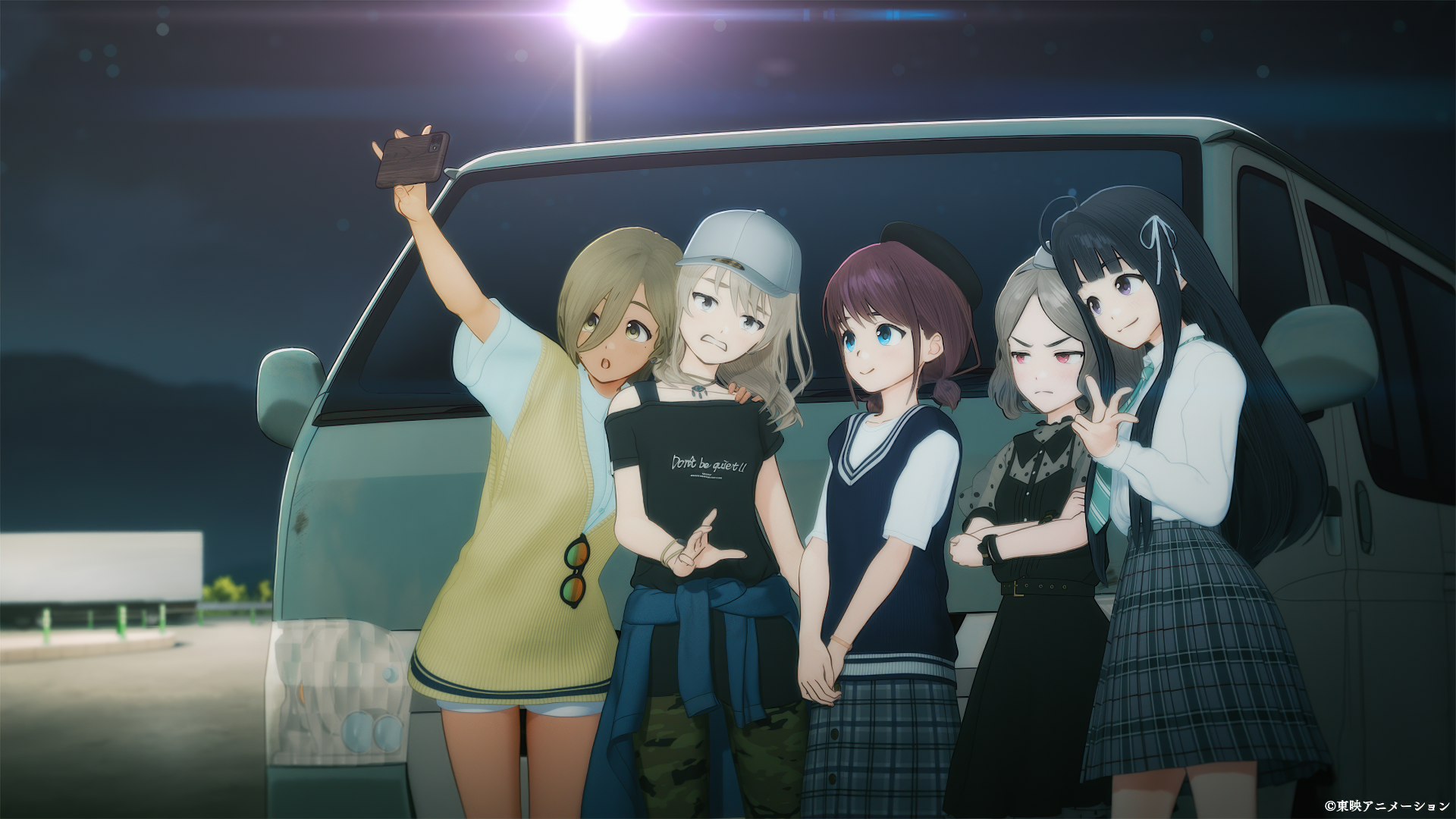 HD wallpaper of 'Girls Band Cry' anime featuring a group of characters posing by a van at night.